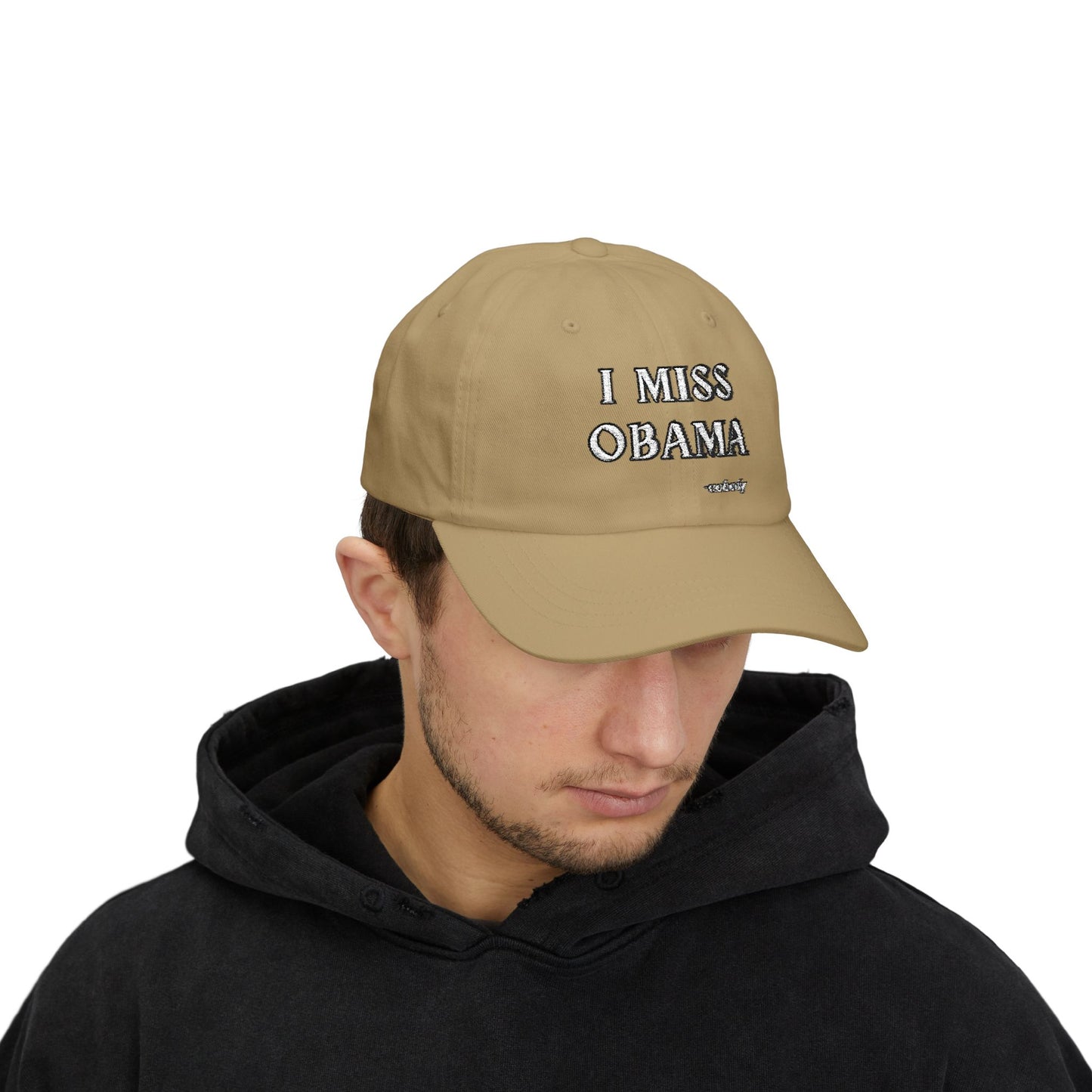 Back view khaki dad hat showing antique brass buckle closure and comfy strap