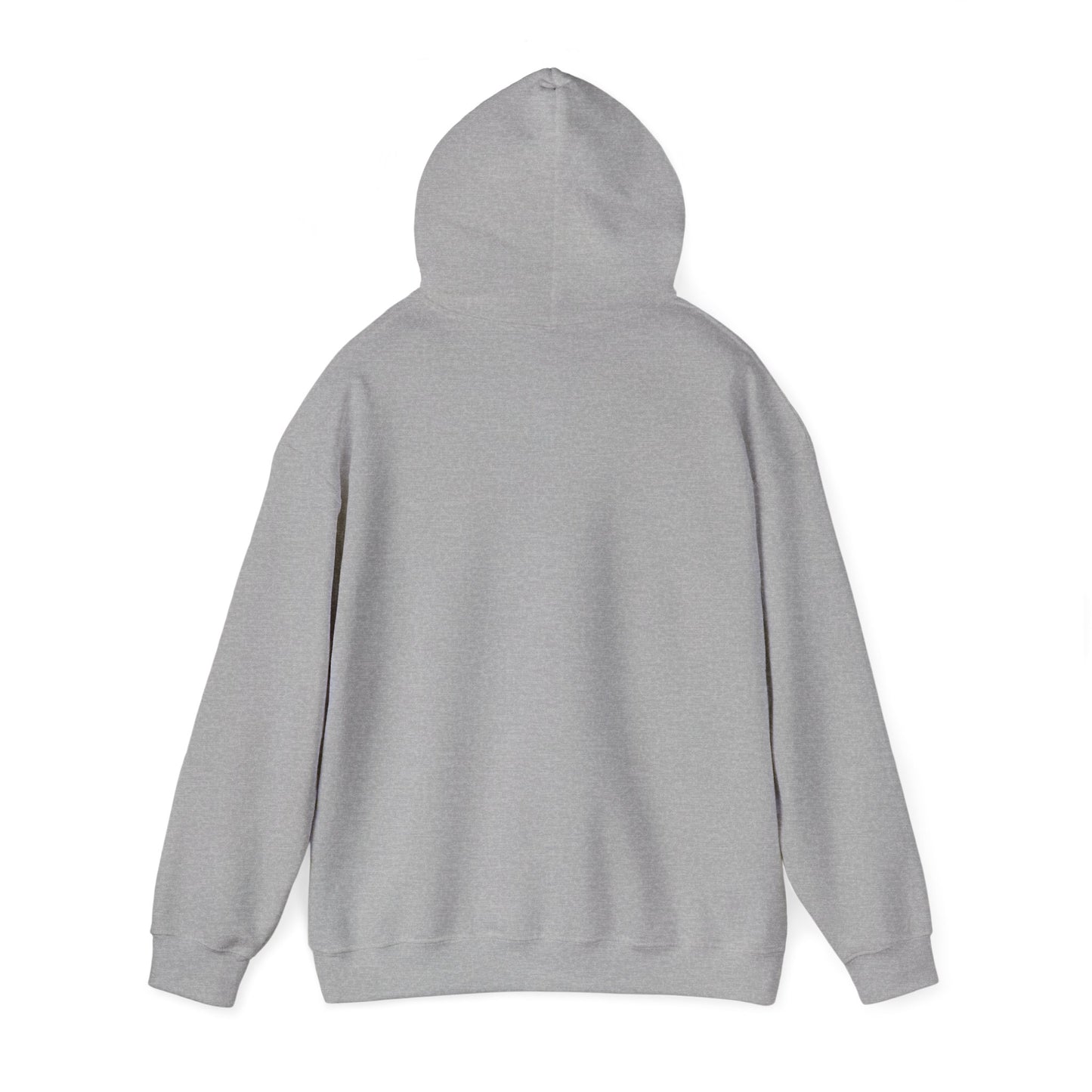 Back view of heather grey hoodie hood up, clean lines, no-seam comfort