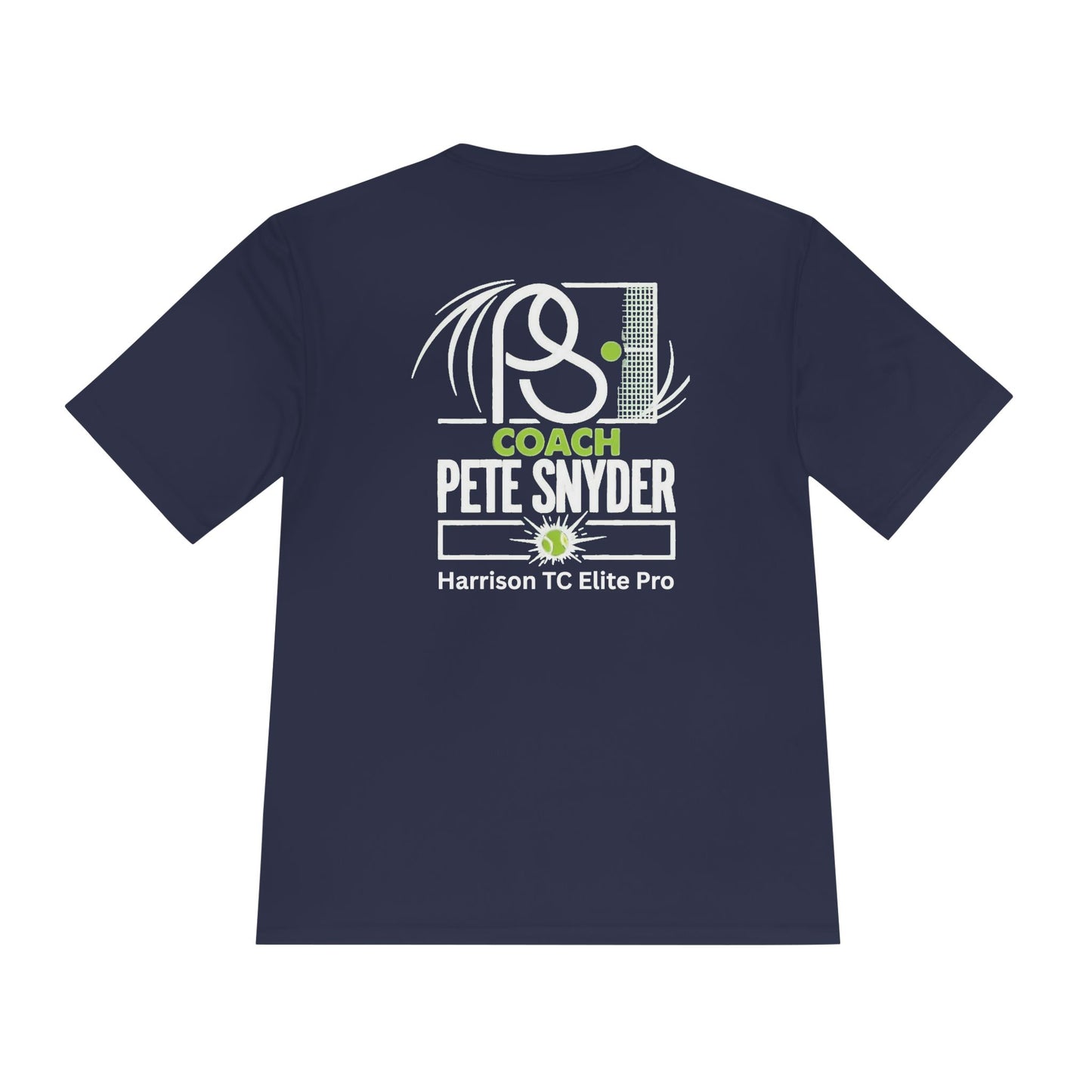 Back of navy blue tee: bold white "COACH PETE SNYDER" PS tennis racket design, Harrison TC Elite Pro