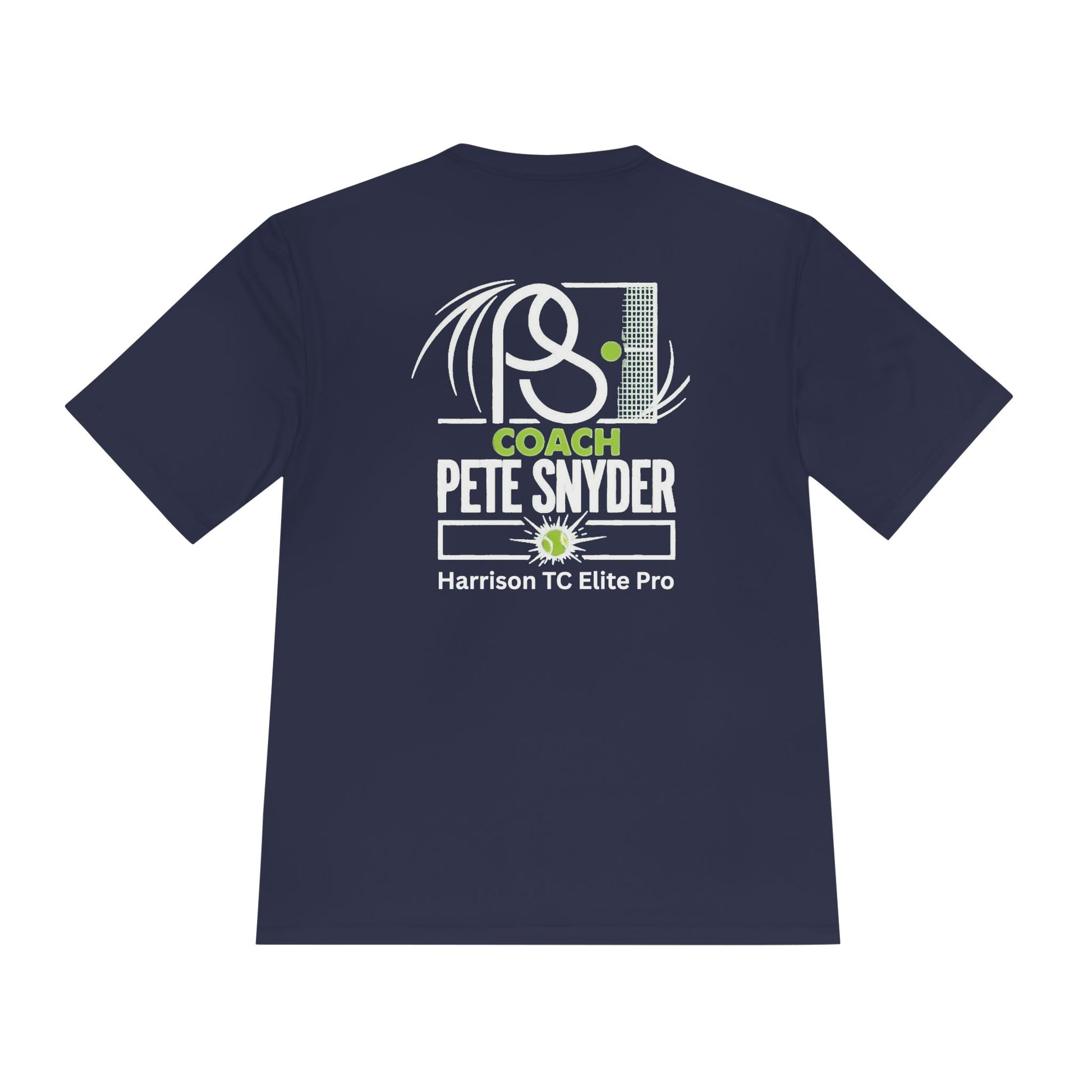 Back of navy blue tee: bold white "COACH PETE SNYDER" PS tennis racket design, Harrison TC Elite Pro