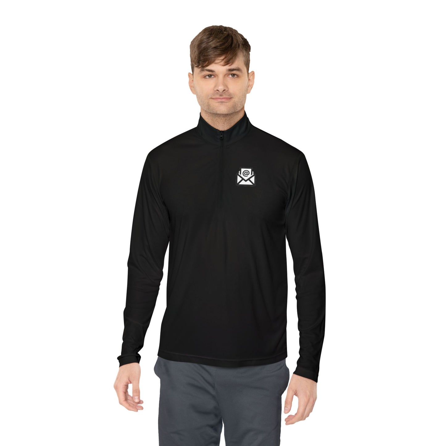 Male model wearing black quarter-zip pullover front view, white envelope chest logo