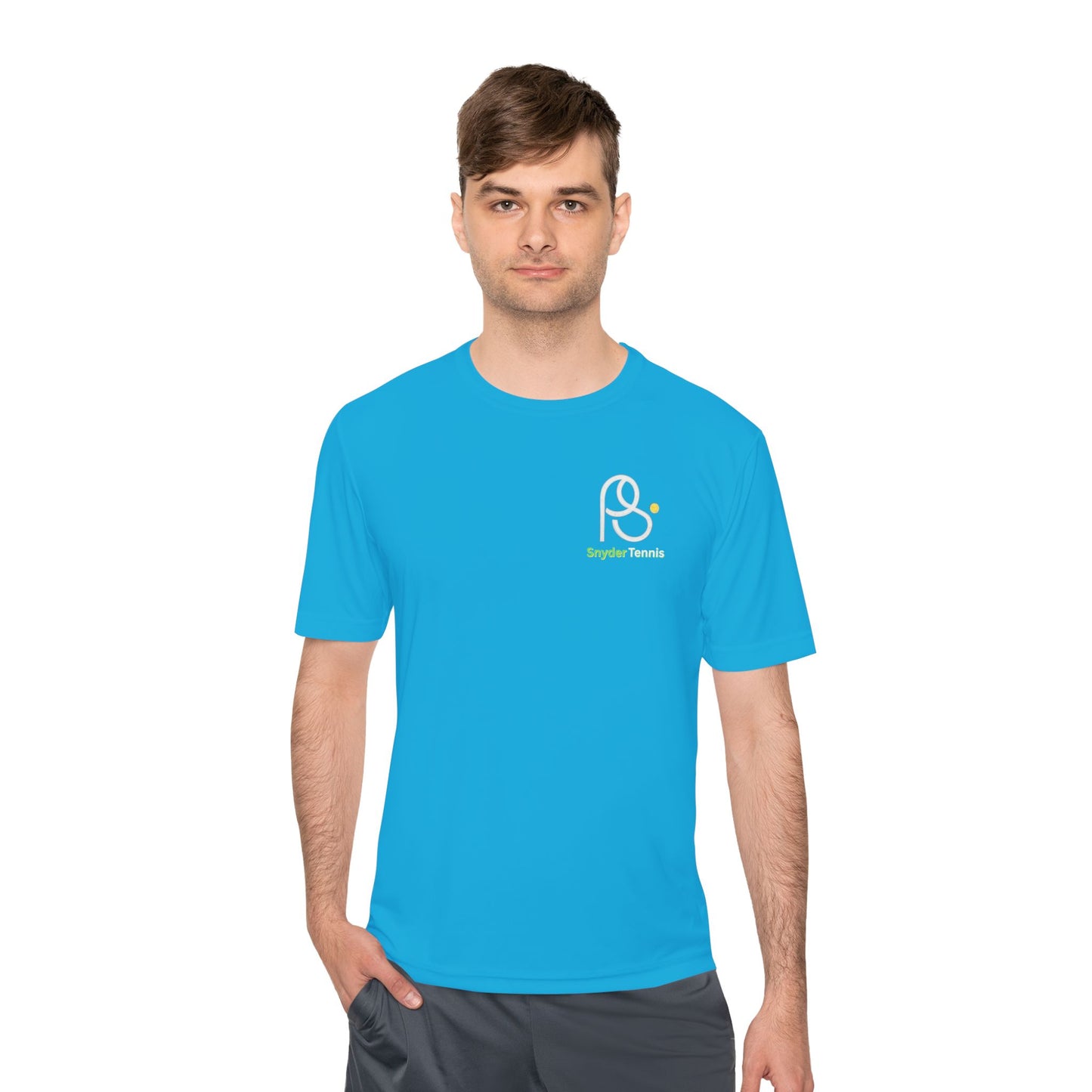 Male model in front view of blue Coach Pete Snyder tee, white PS and green Bryant Tennis chest logo