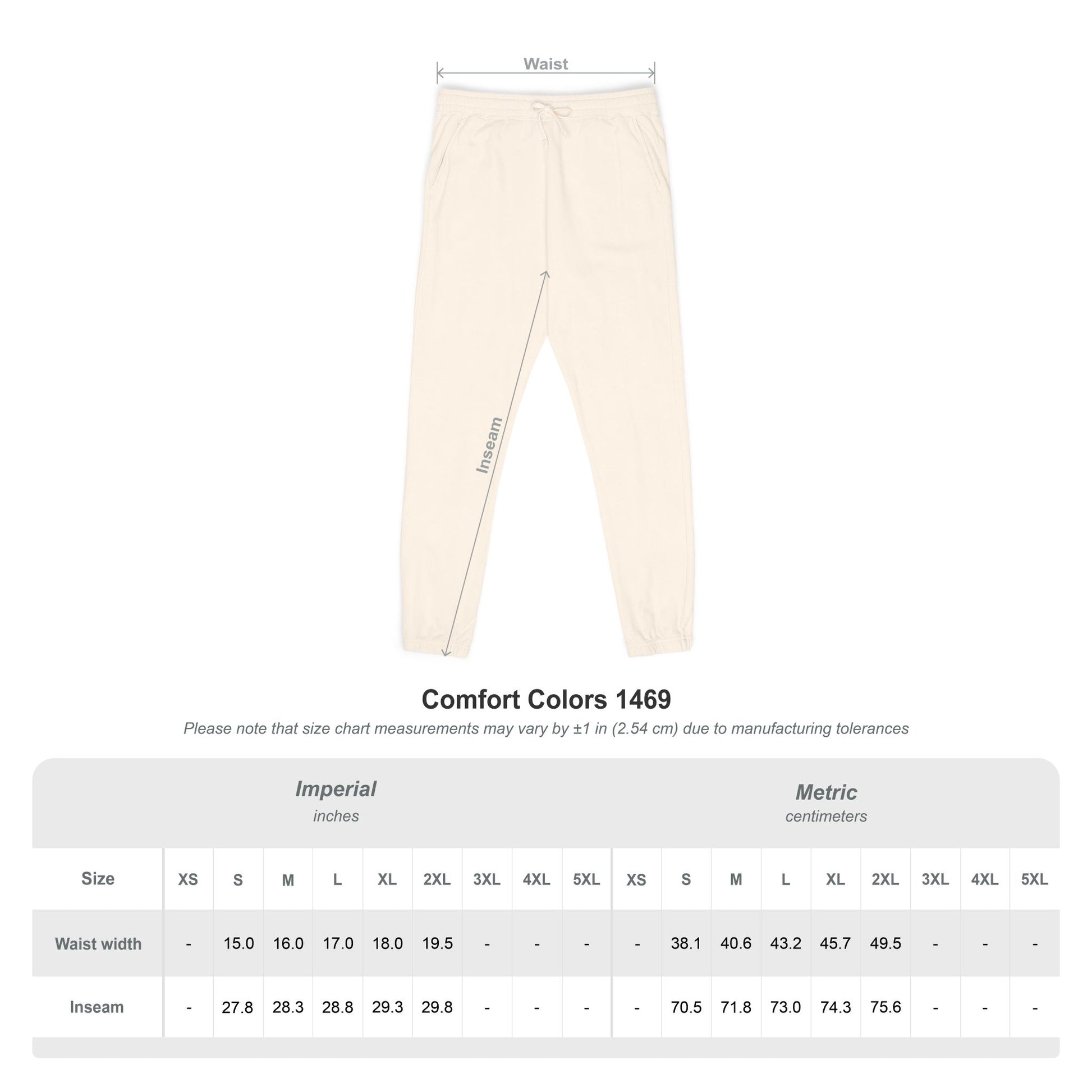 Beige sweatpants size chart graphic, imperial/metric waist and inseam sizes for S-3XL, Comfort Colors