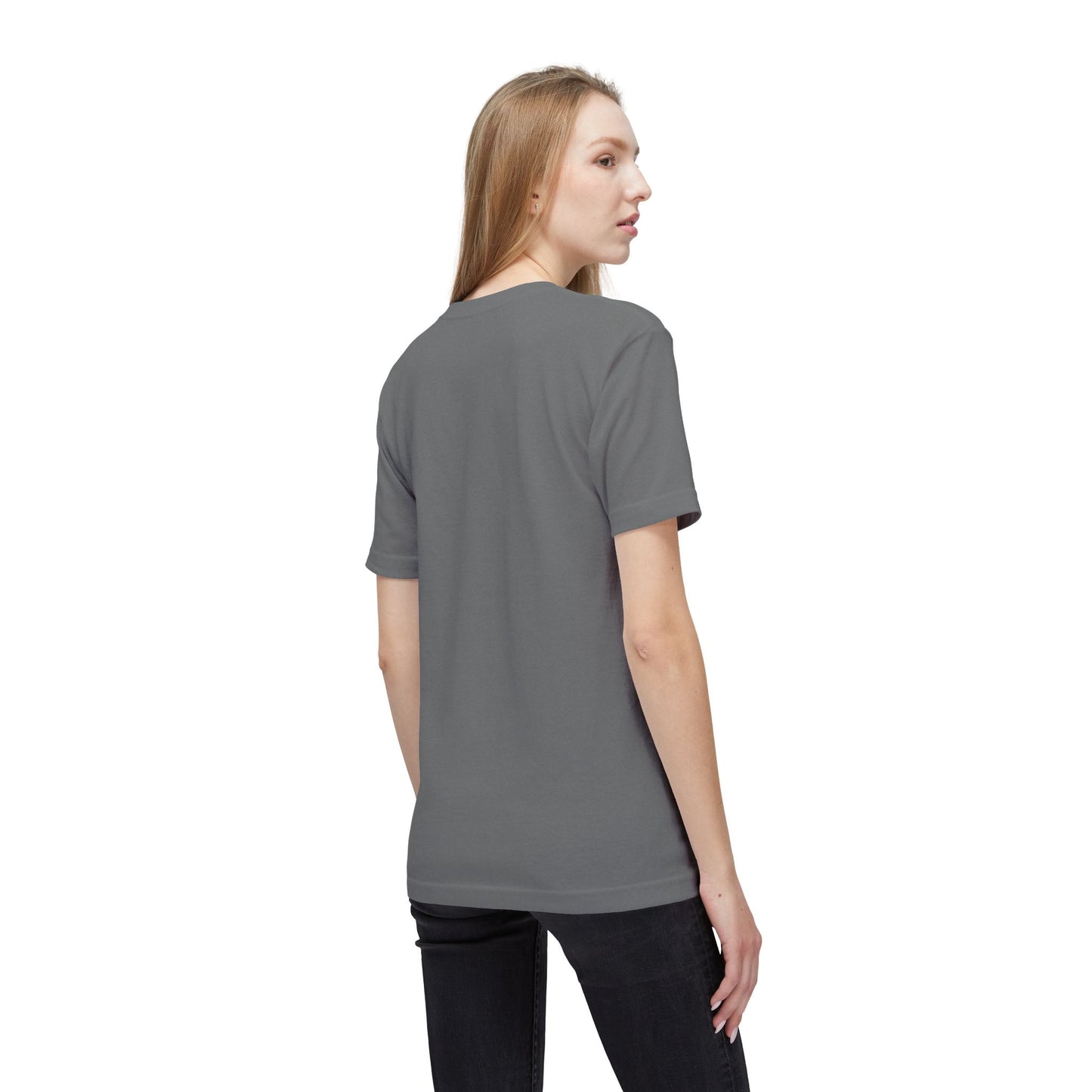 Side back view of blonde model in plain charcoal gray tee and jeans, casual relaxed fit