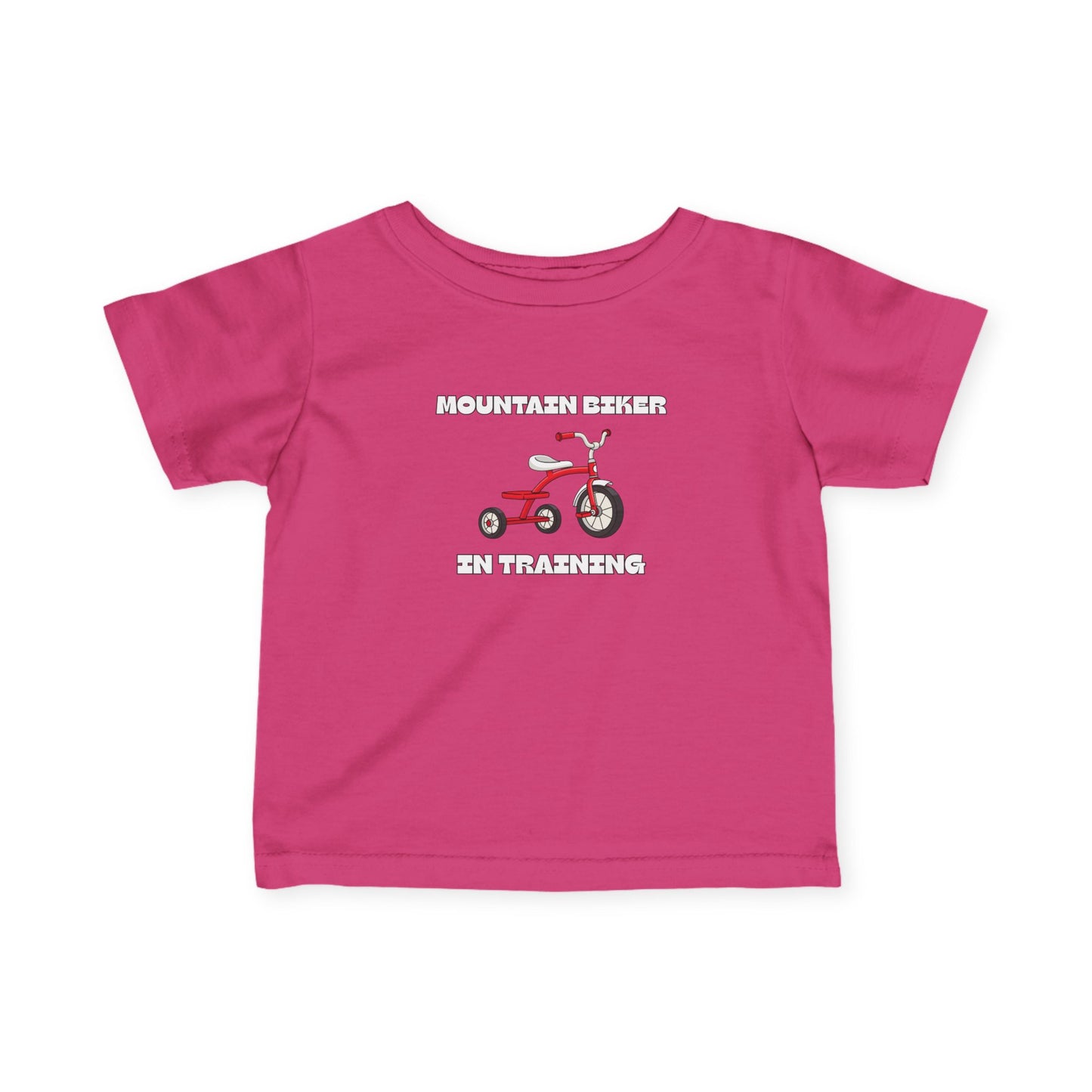 Hot pink 'Mountain Biker in training' red tricycle infant tee - front view