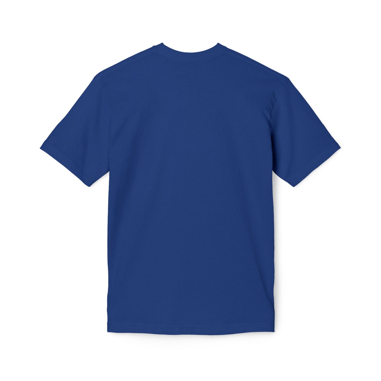 Back view of navy blue unisex T-shirt, short sleeves, plain and classic fit
