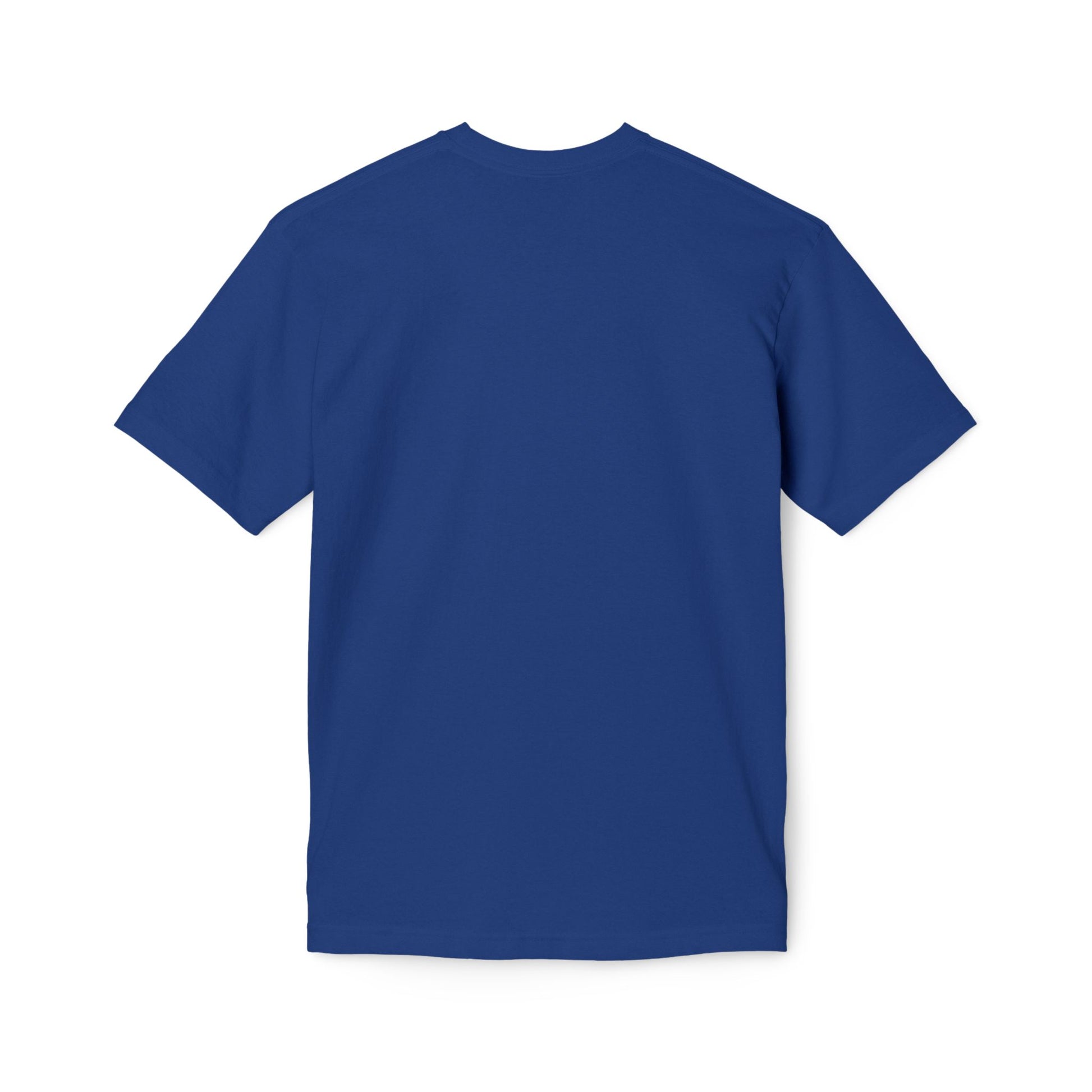 Back view of navy blue unisex T-shirt, short sleeves, plain and classic fit