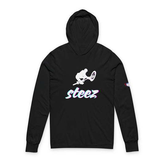 Front view of black unisex hoodie with white BMX rider silhouette jumping and iridescent "Steez" text below