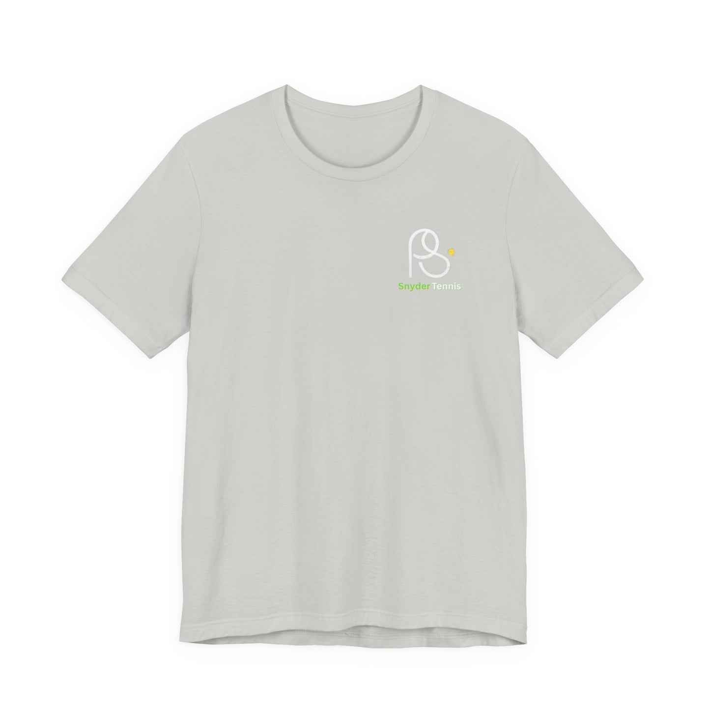 Front view of heather gray cotton tee with white PS tennis logo and green dot on left chest
