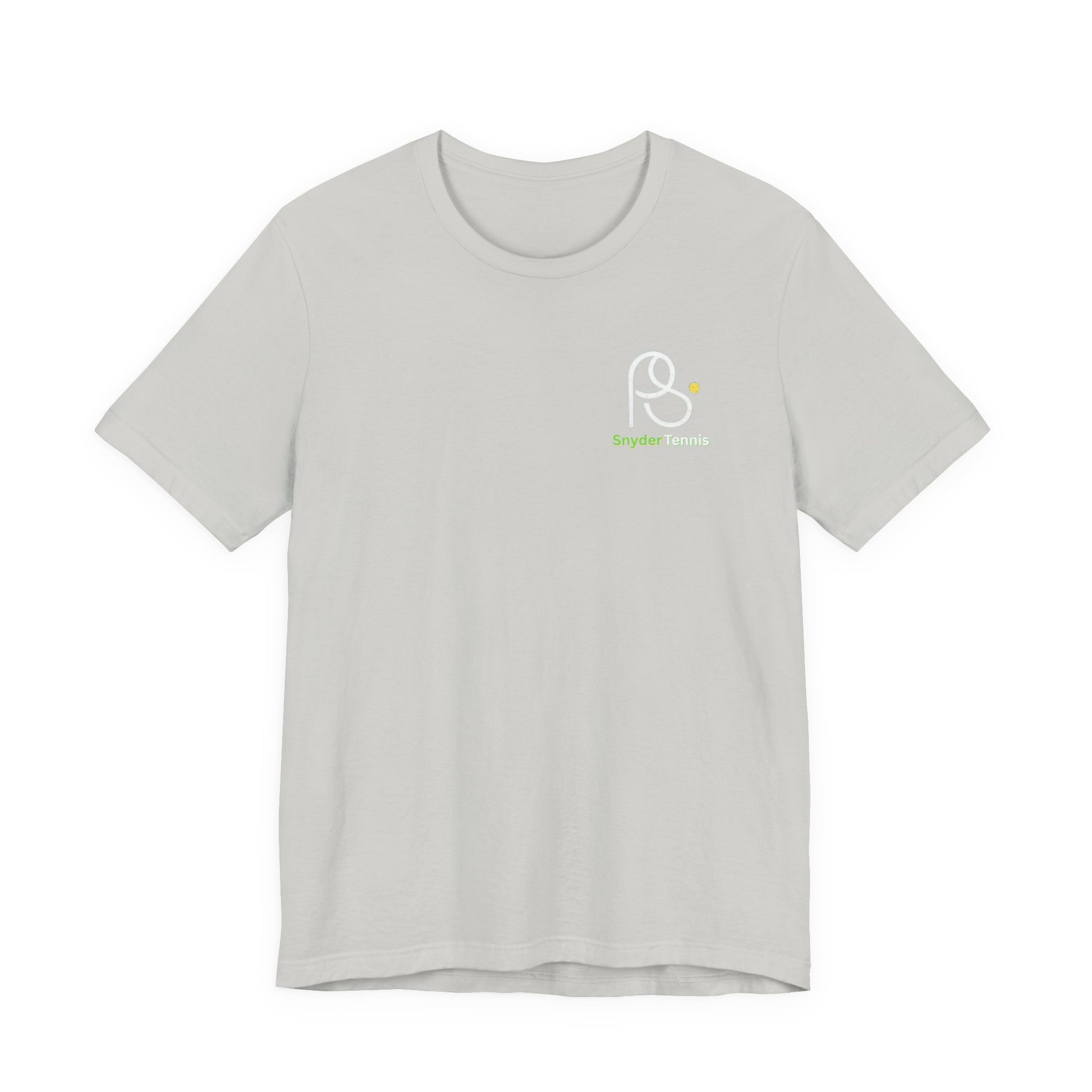 Front view of heather gray cotton tee with white PS tennis logo and green dot on left chest