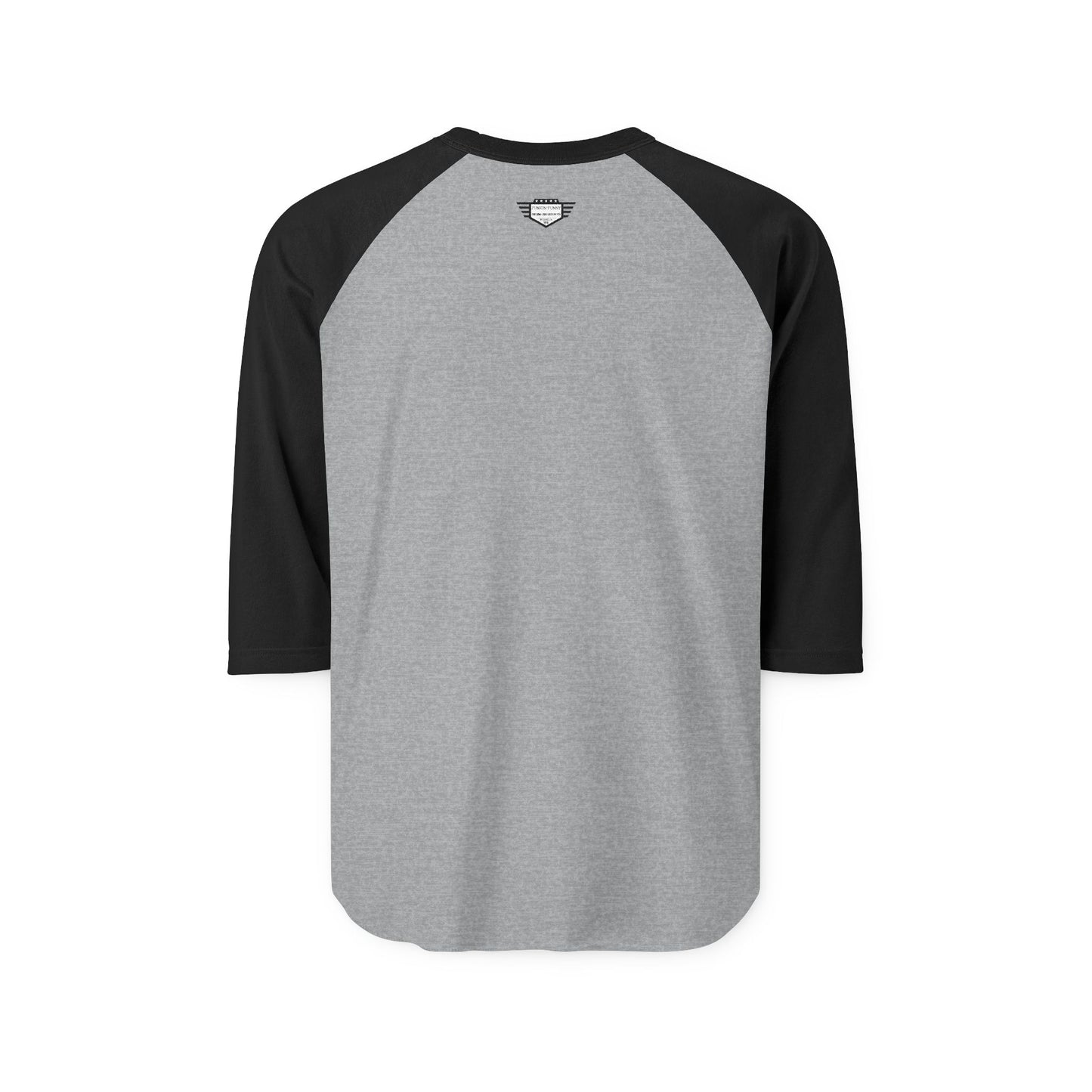 Back view of gray raglan shirt, black 3/4 sleeves, minimalist with small inner label