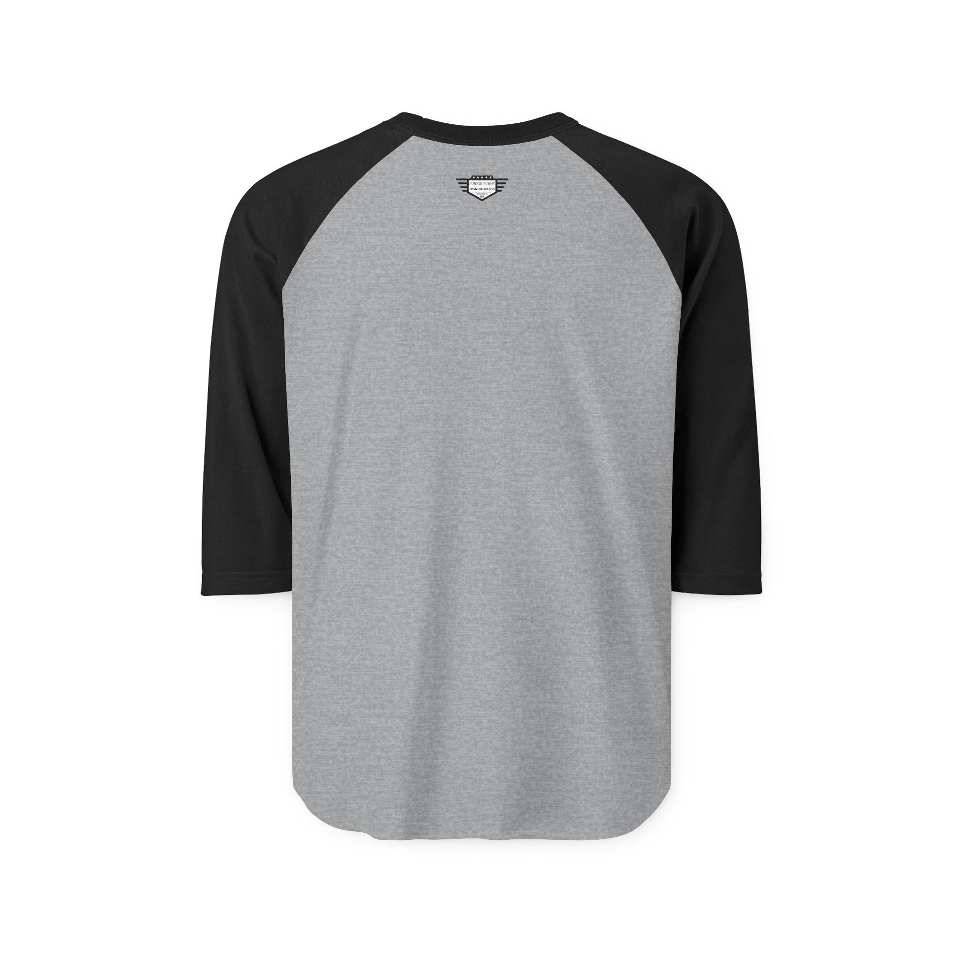 Back view of gray raglan shirt, black 3/4 sleeves, minimalist with small inner label