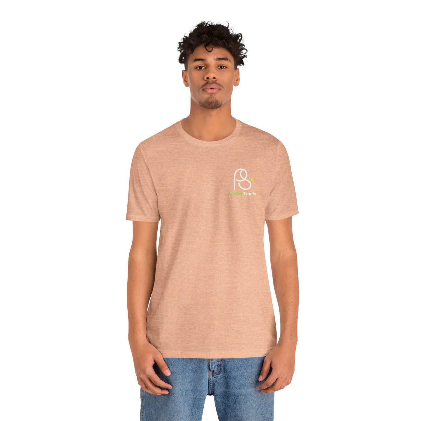 Male model front view in peach heather Coach Pete Snyder tee, subtle chest "P S Tennis" logo