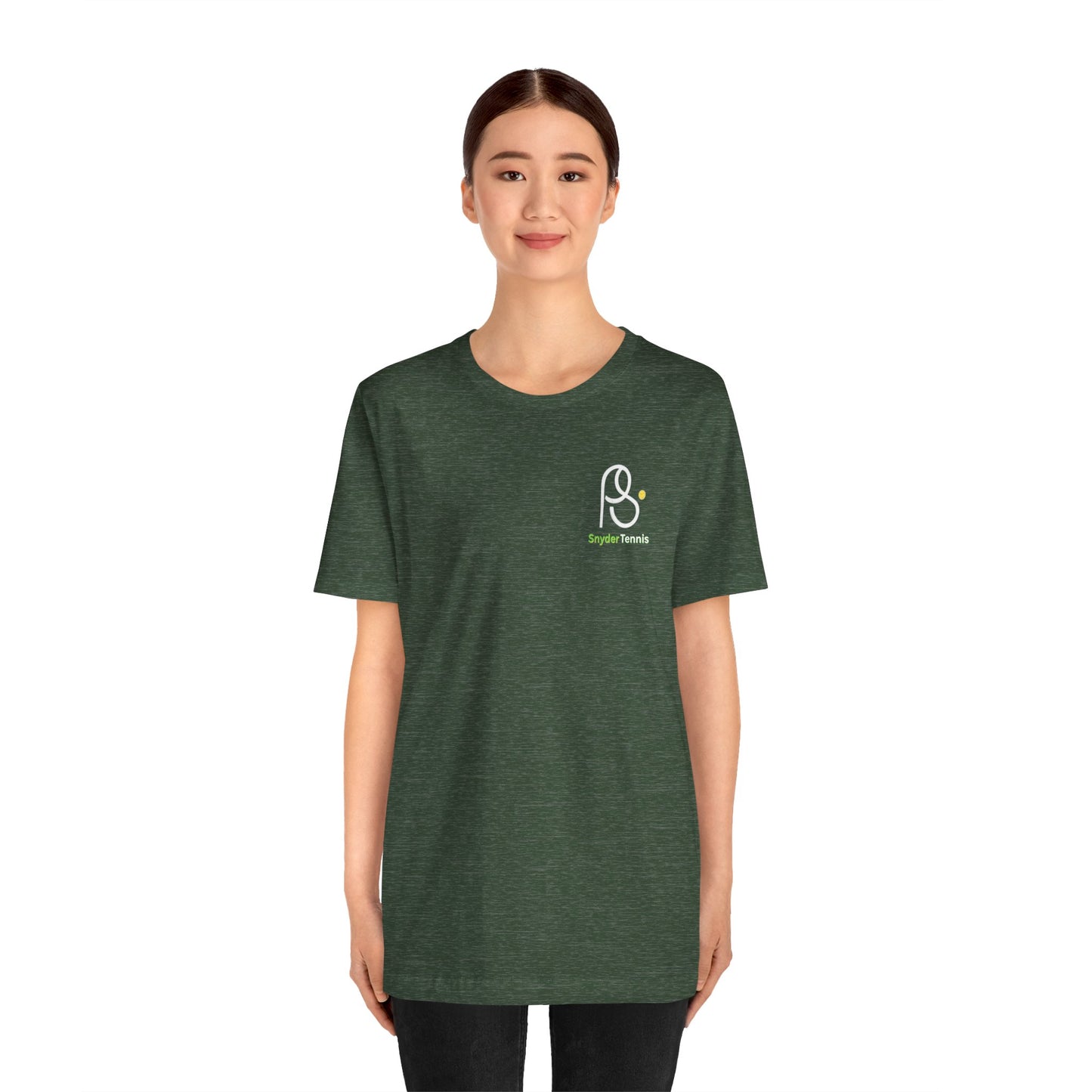 Female model rocking heather forest green Coach Pete Snyder tennis tee, front view with Harrison Tennis logo