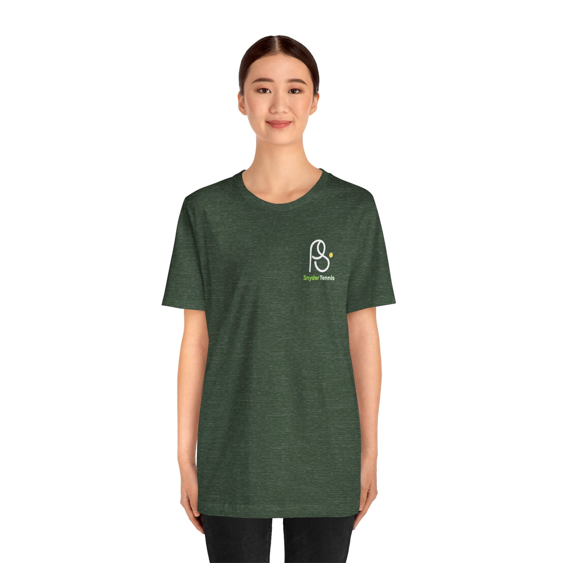 Female model rocking heather forest green Coach Pete Snyder tennis tee, front view with Harrison Tennis logo