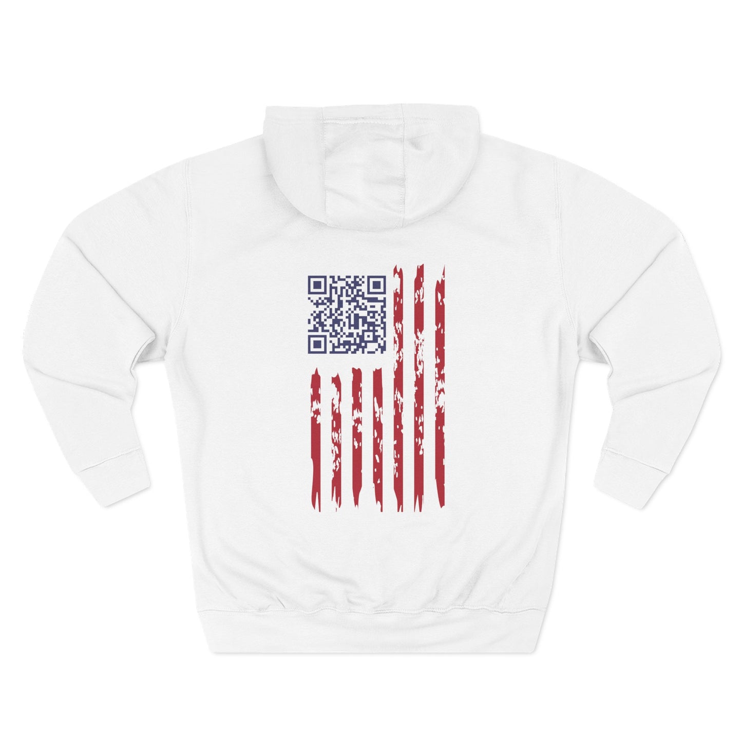 Back view of white hoodie with distressed US flag hiding Trump Dance QR code for rally vibes