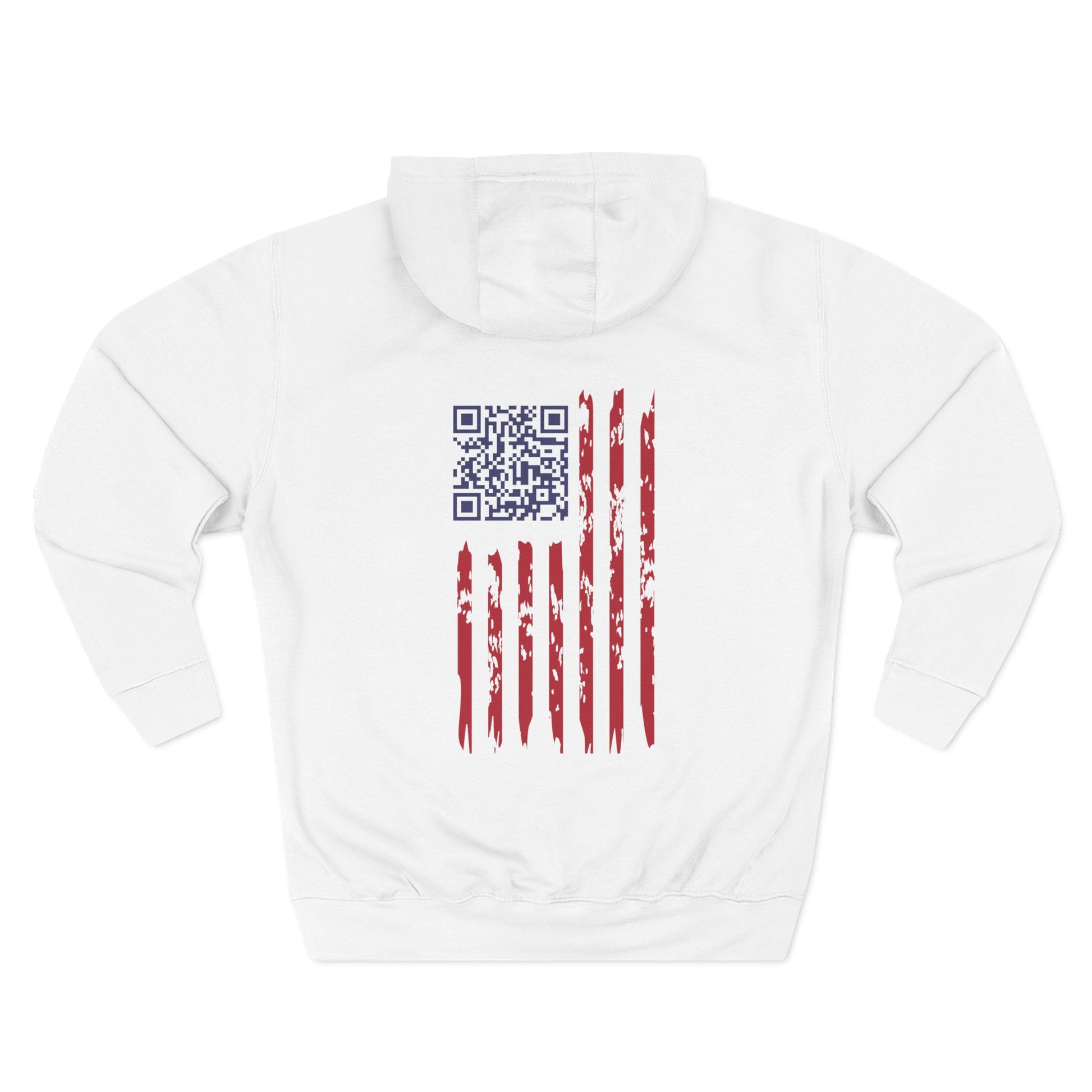 Back view of white hoodie with distressed US flag hiding Trump Dance QR code for rally vibes
