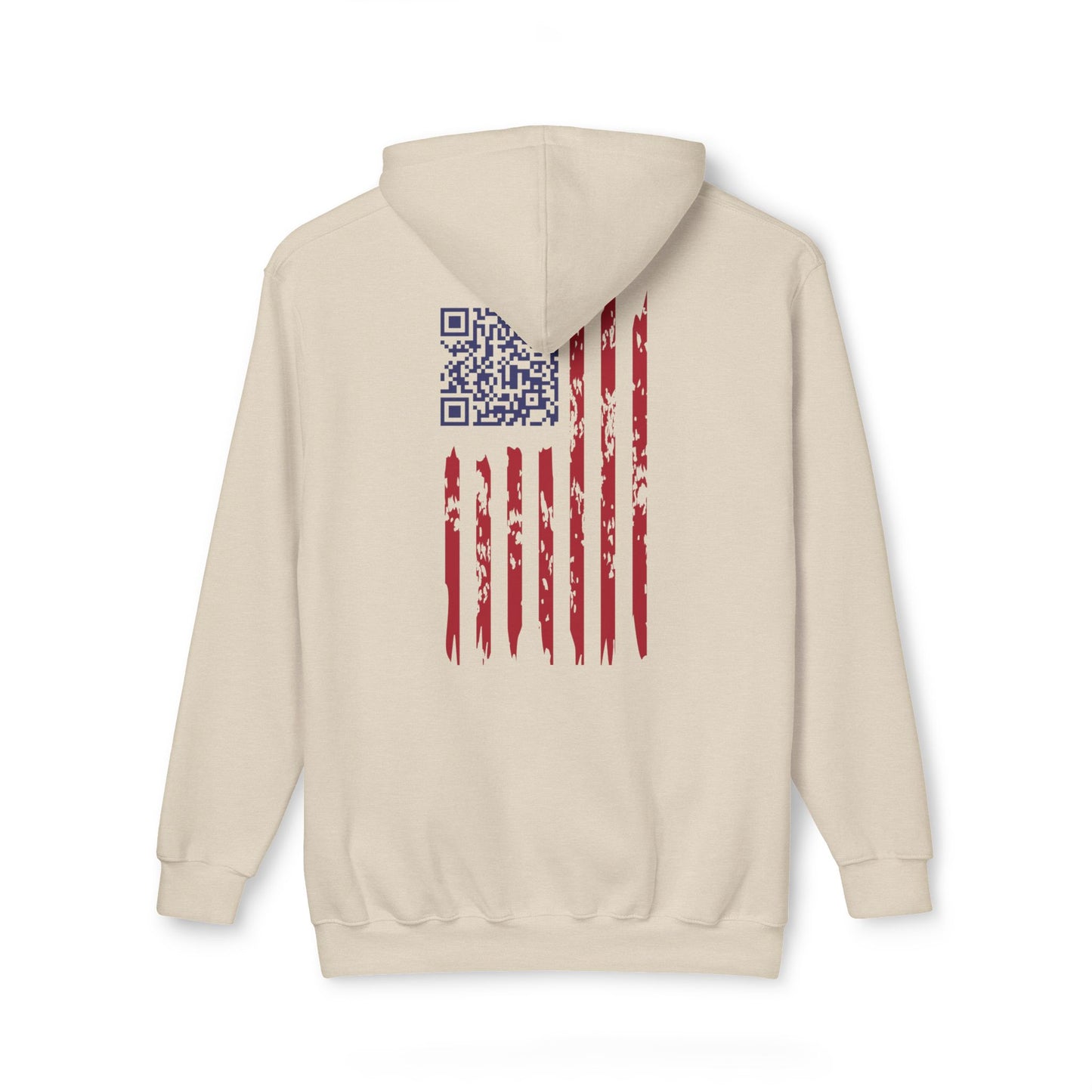 Back view of cream hoodie with distressed American flag print and blue QR code centerpiece