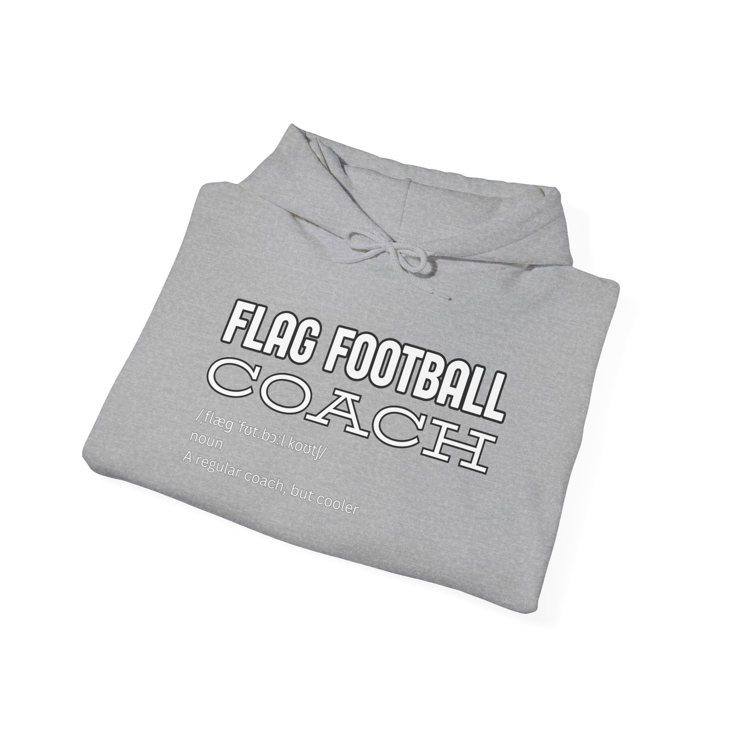 Female model fronts sport grey Flag Football Coach hoodie, kangaroo pocket and chill pose