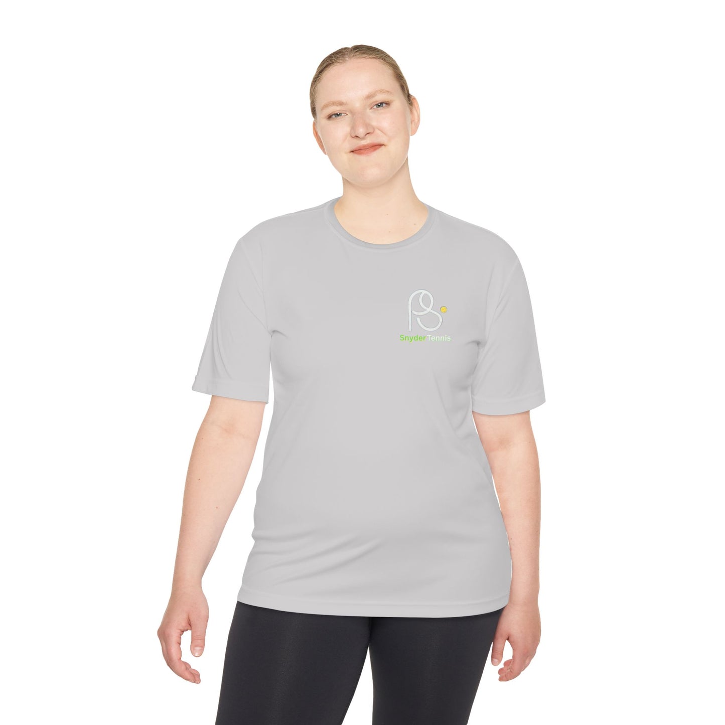 Female model rocking light gray tee front, white "P S" logo and green "Brighton Tennis" shining