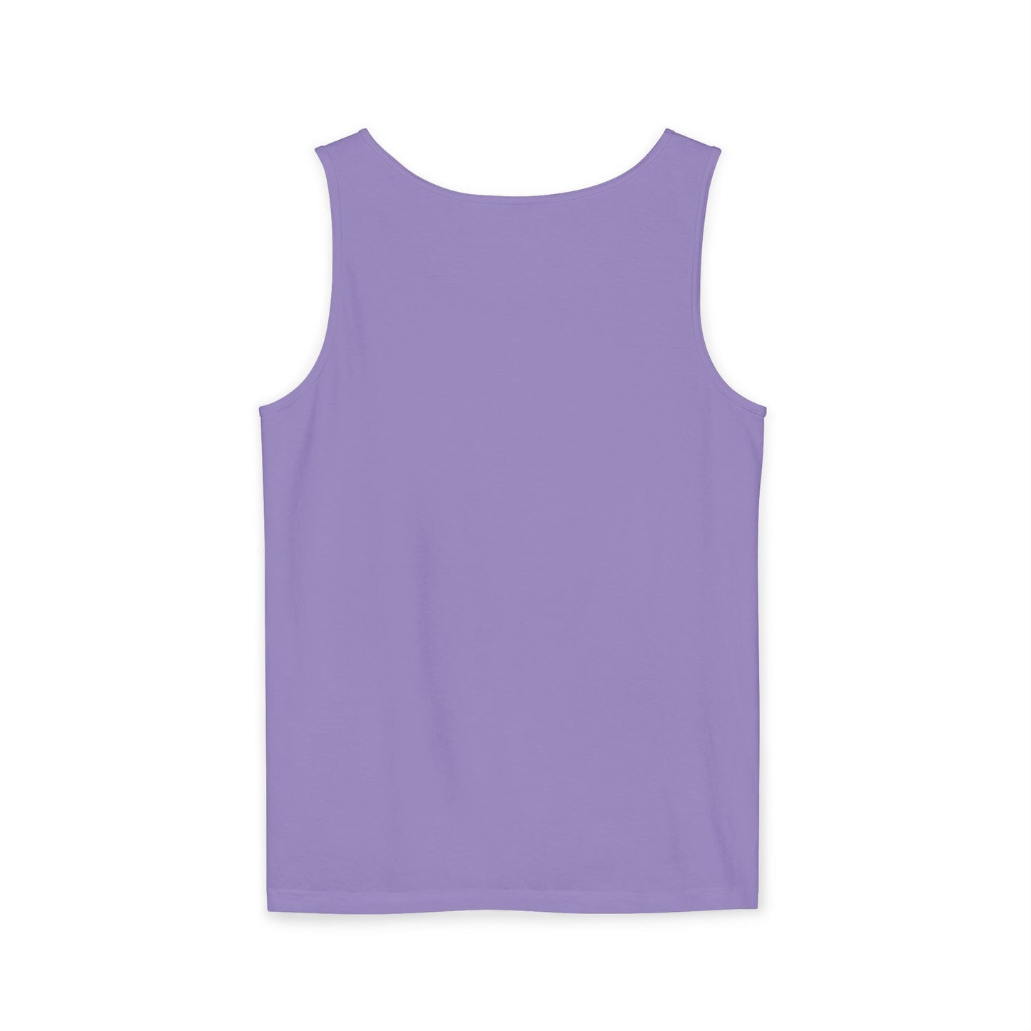 Back view of plain purple workout tank top, sleeveless relaxed fit