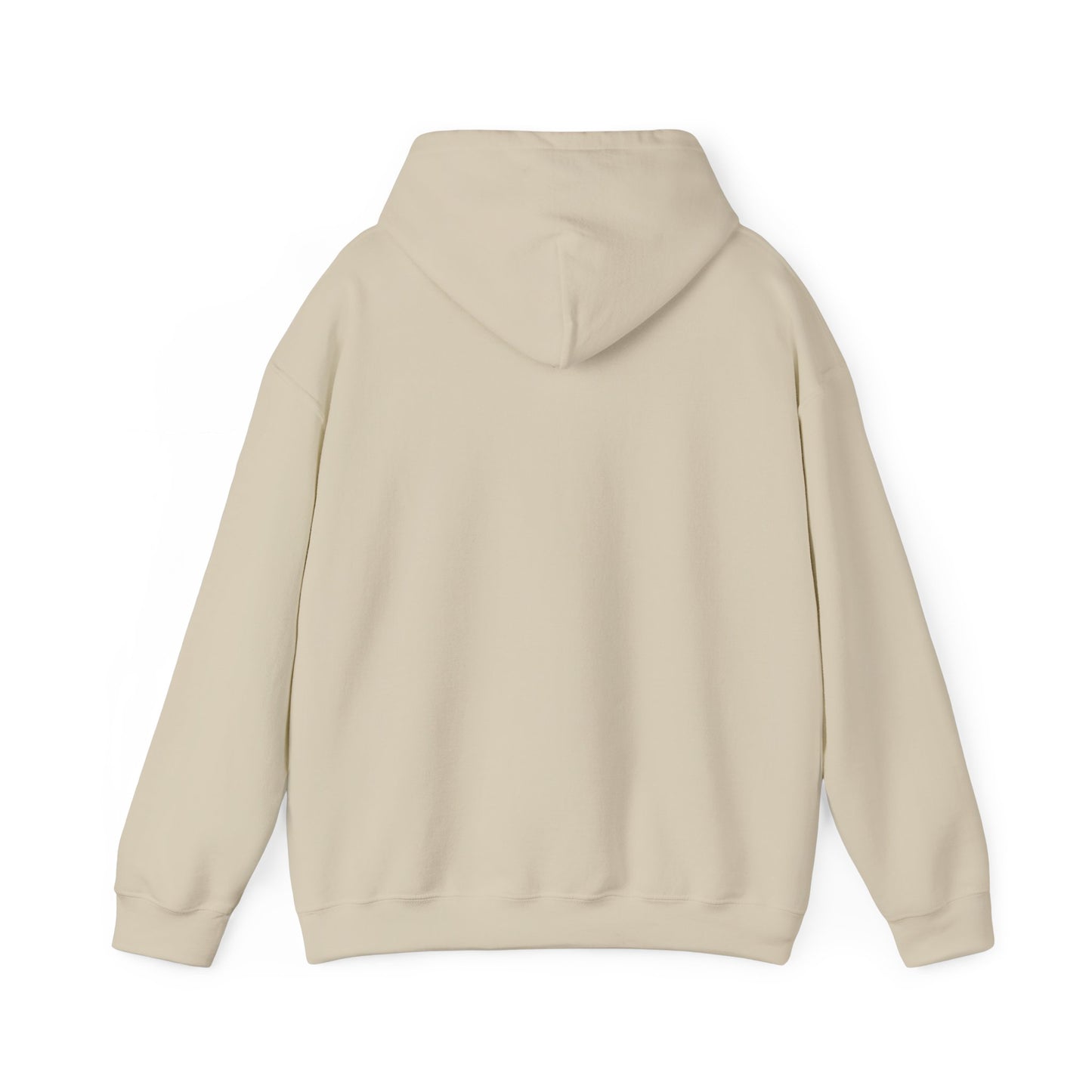 Back view of plain light beige hoodie, hood down, kangaroo pocket, long sleeves for coach comfort