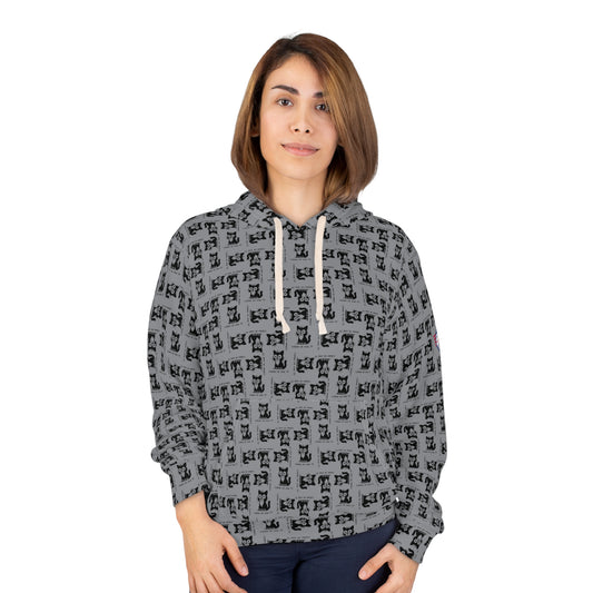 Woman modeling front view of grey hoodie with repeating black vintage cat all-over print, hands on hips