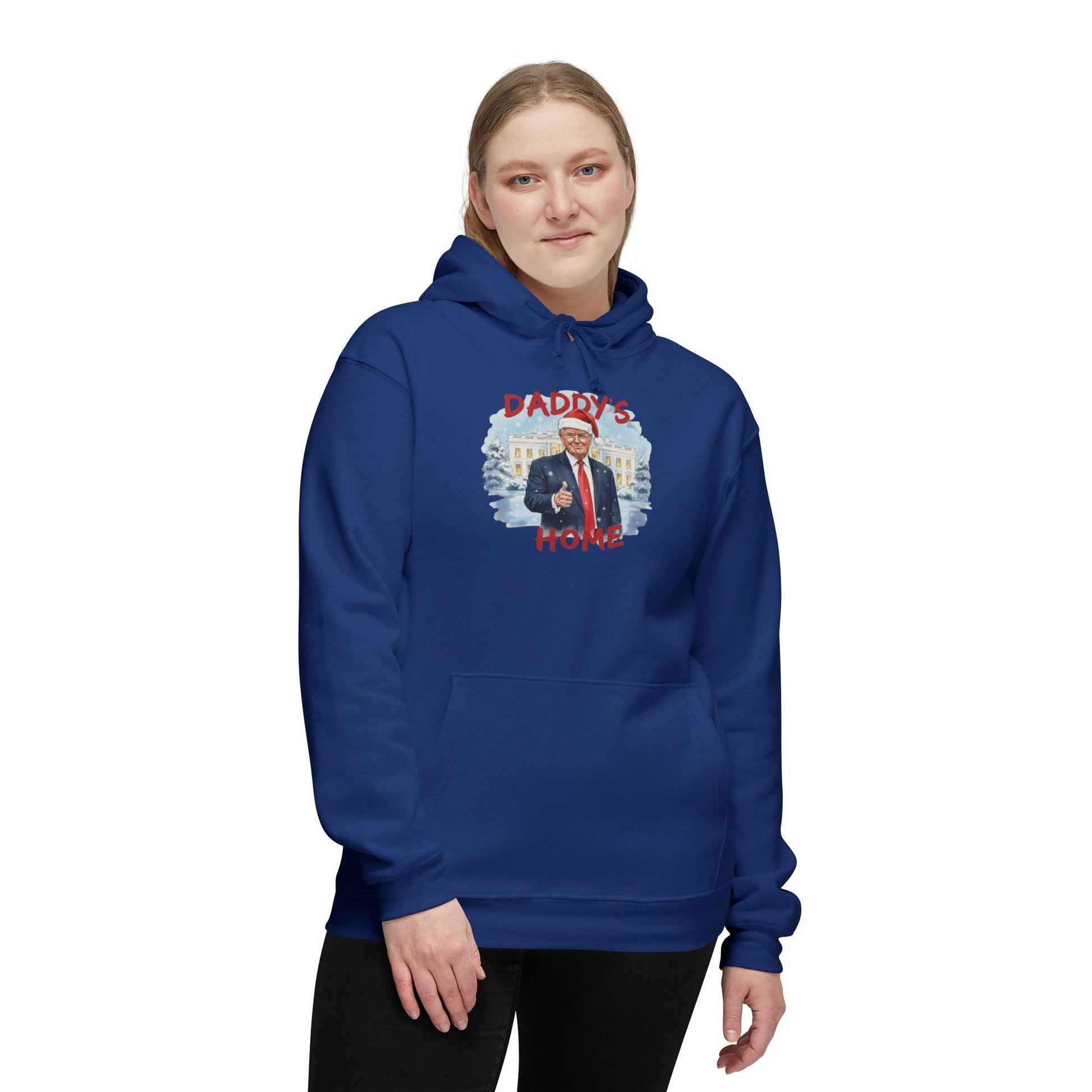 Woman modeling front of navy blue "Daddy's Home" Trump Christmas hoodie, Santa hat illustration