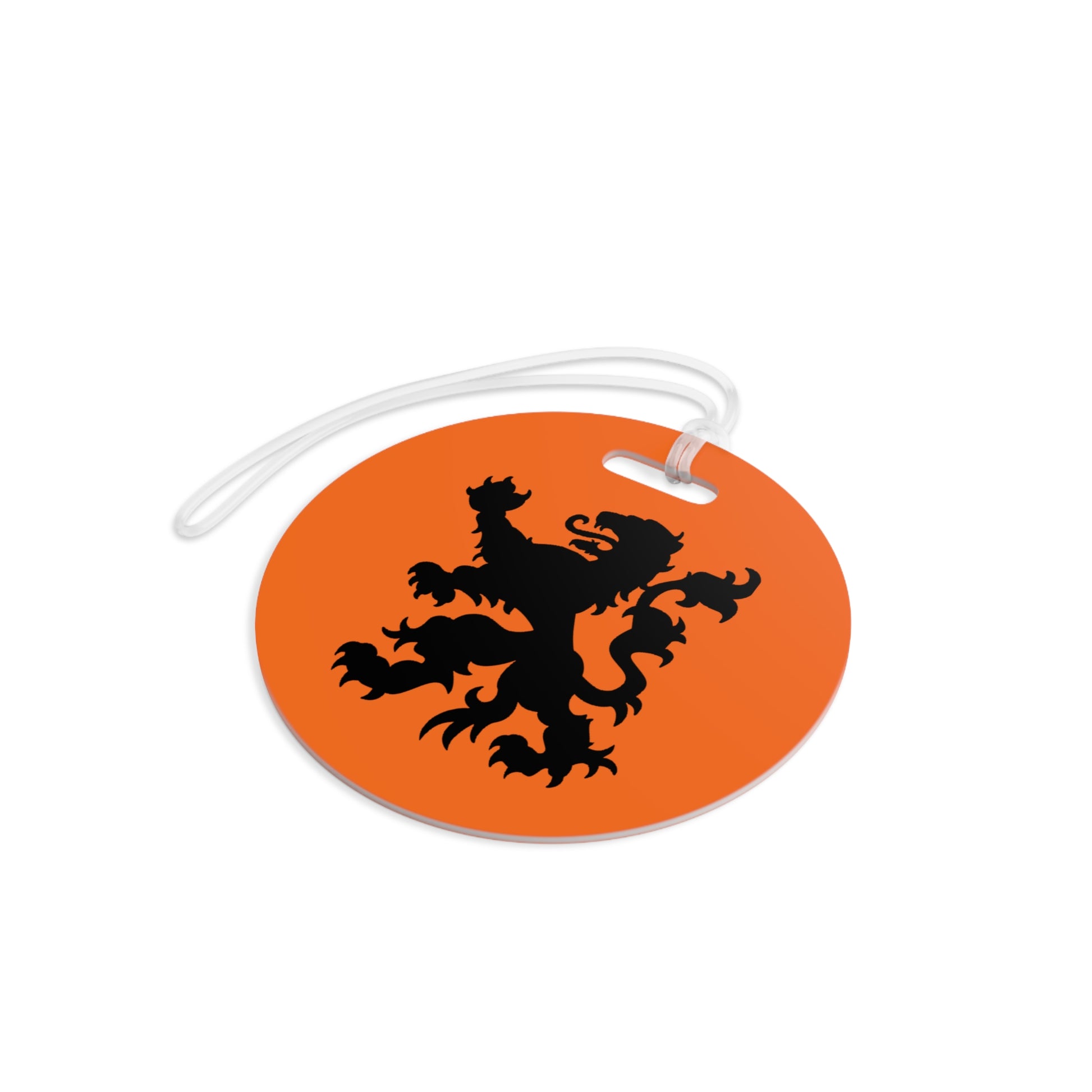 Angled view of round orange Dutch Lion luggage tag with black heraldic lion and white strap