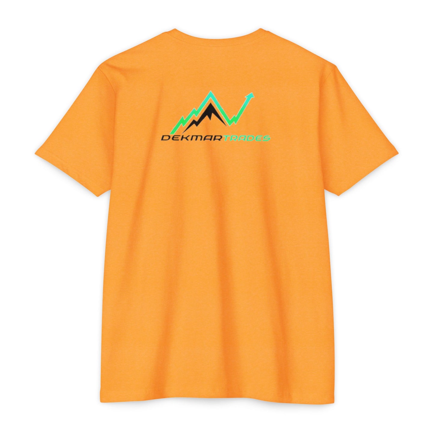 Flat back view of orange CVC jersey t-shirt with black/green "Dekmar Trades" mountain uptrend graphic
