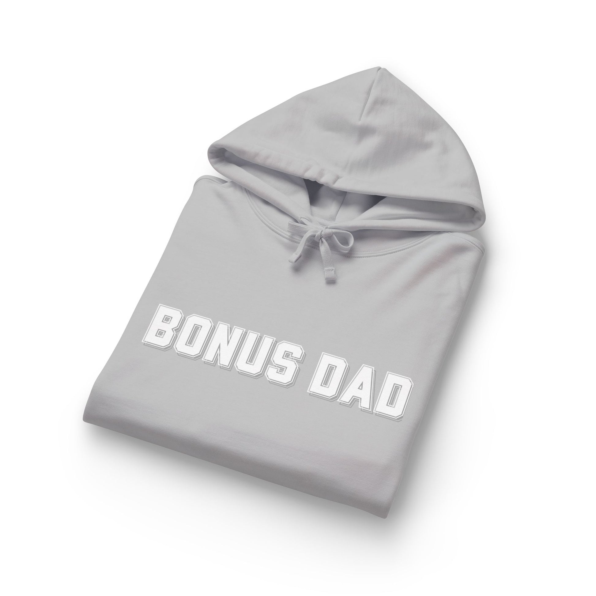 Folded heather grey relaxed hoodie, front view with white embossed "BONUS DAD", hood open
