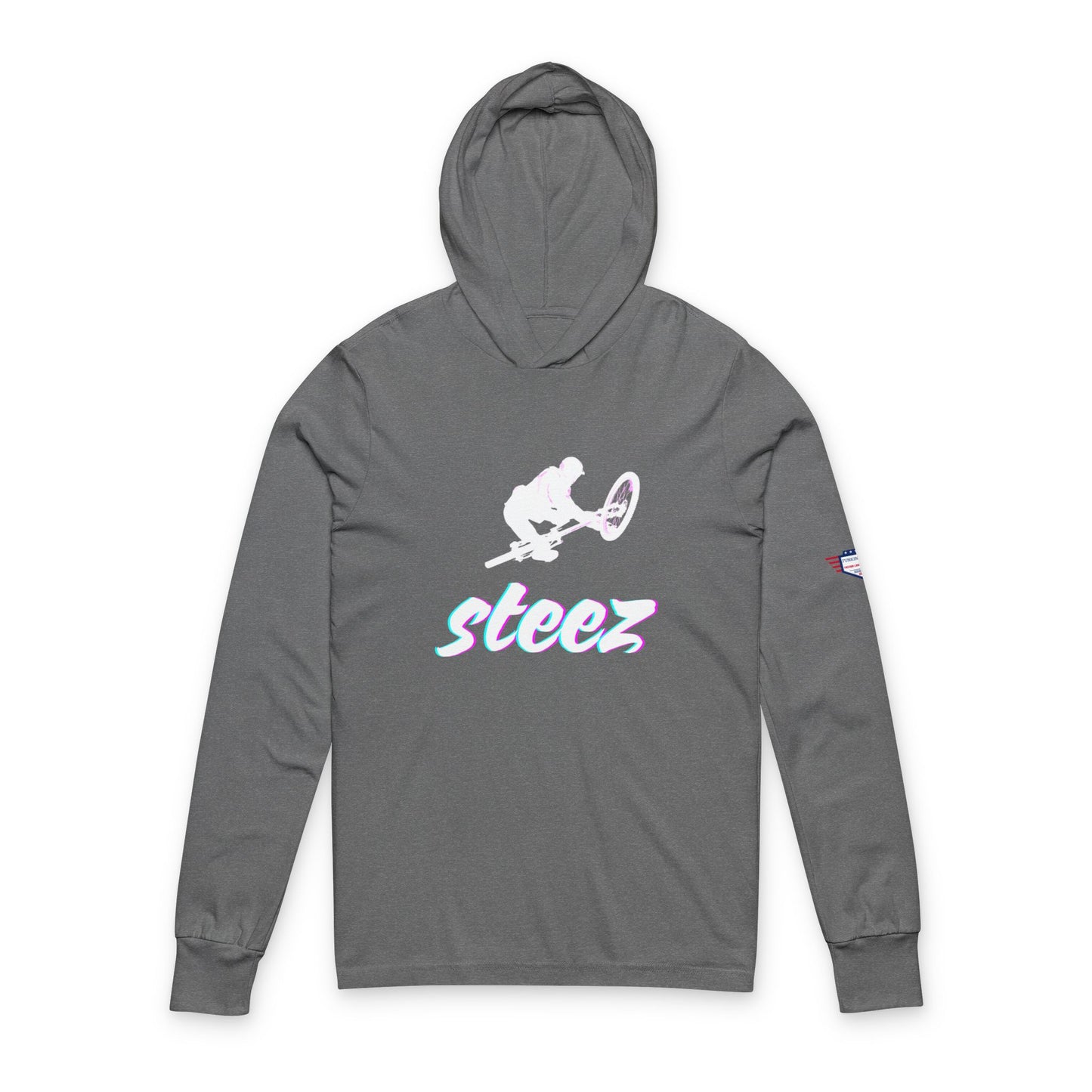 Front view of grey unisex hoodie with white BMX silhouette and holographic "Steez" text