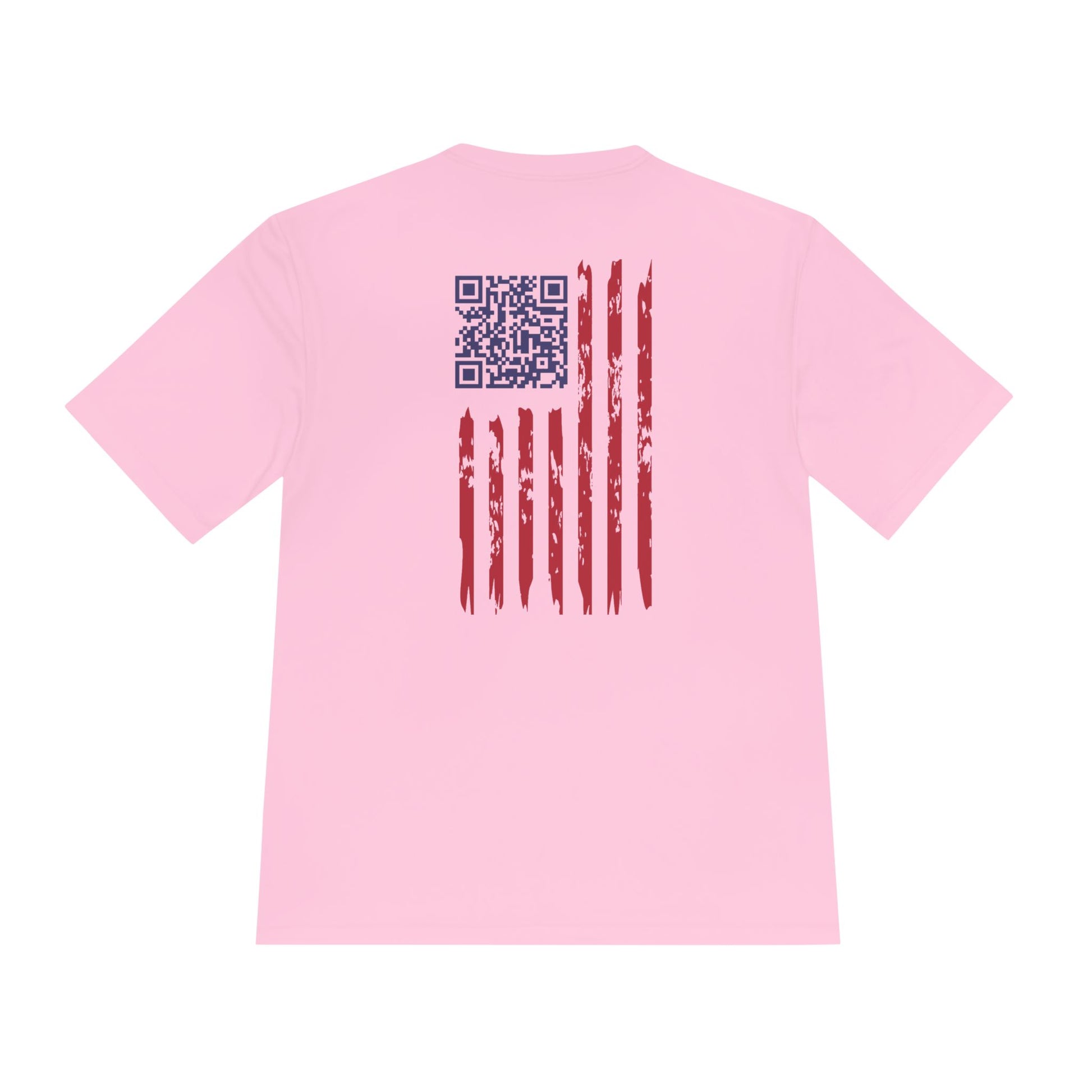 Back view of hot pink tee with blue QR code and distressed red flag stripes patriotic style