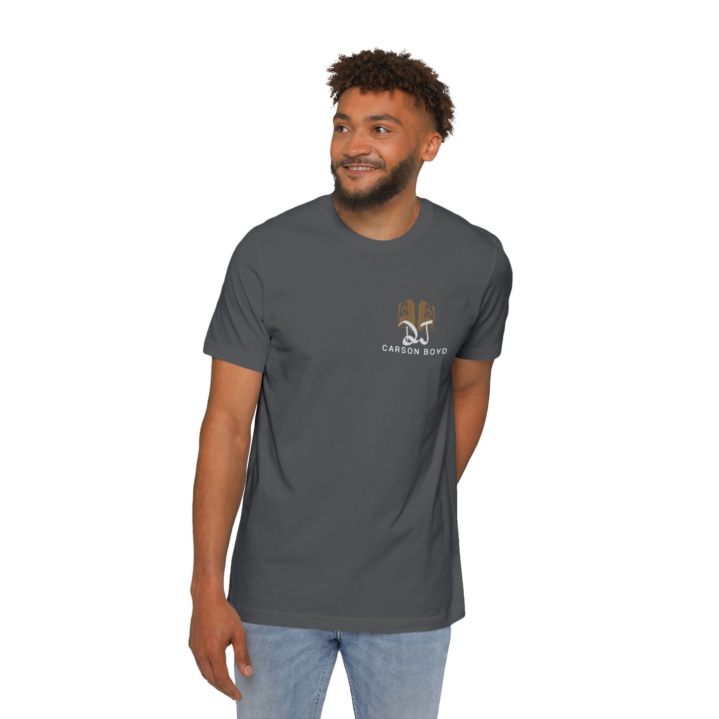 Man grinning confidently in heather gray DJ Carson Boyd SECURITY tee, hands in pockets