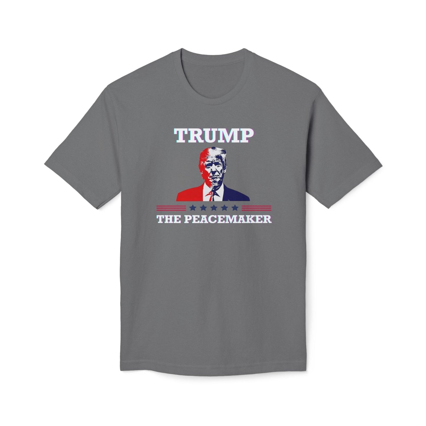 Front view of charcoal gray "Trump The Peacemaker" tee with bold white text, Trump portrait, and red-white-blue stripes