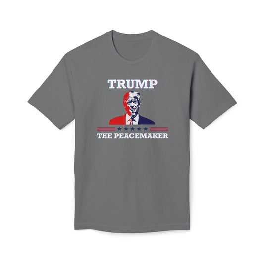 Front view of charcoal gray "Trump The Peacemaker" tee with bold white text, Trump portrait, and red-white-blue stripes