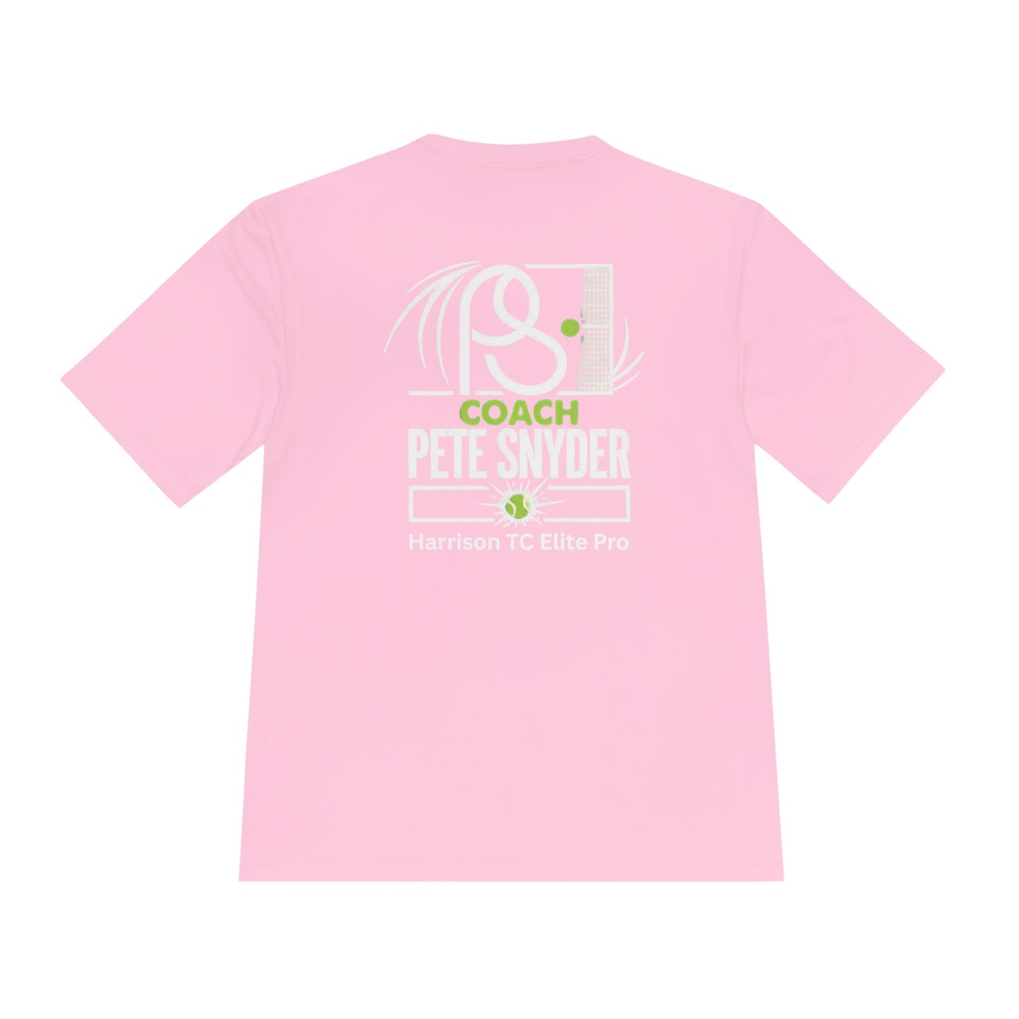 Back view of light pink tee showing bold white "COACH PETE SNYDER" print with racket graphic and green "Harrison TC Elite Pro" text