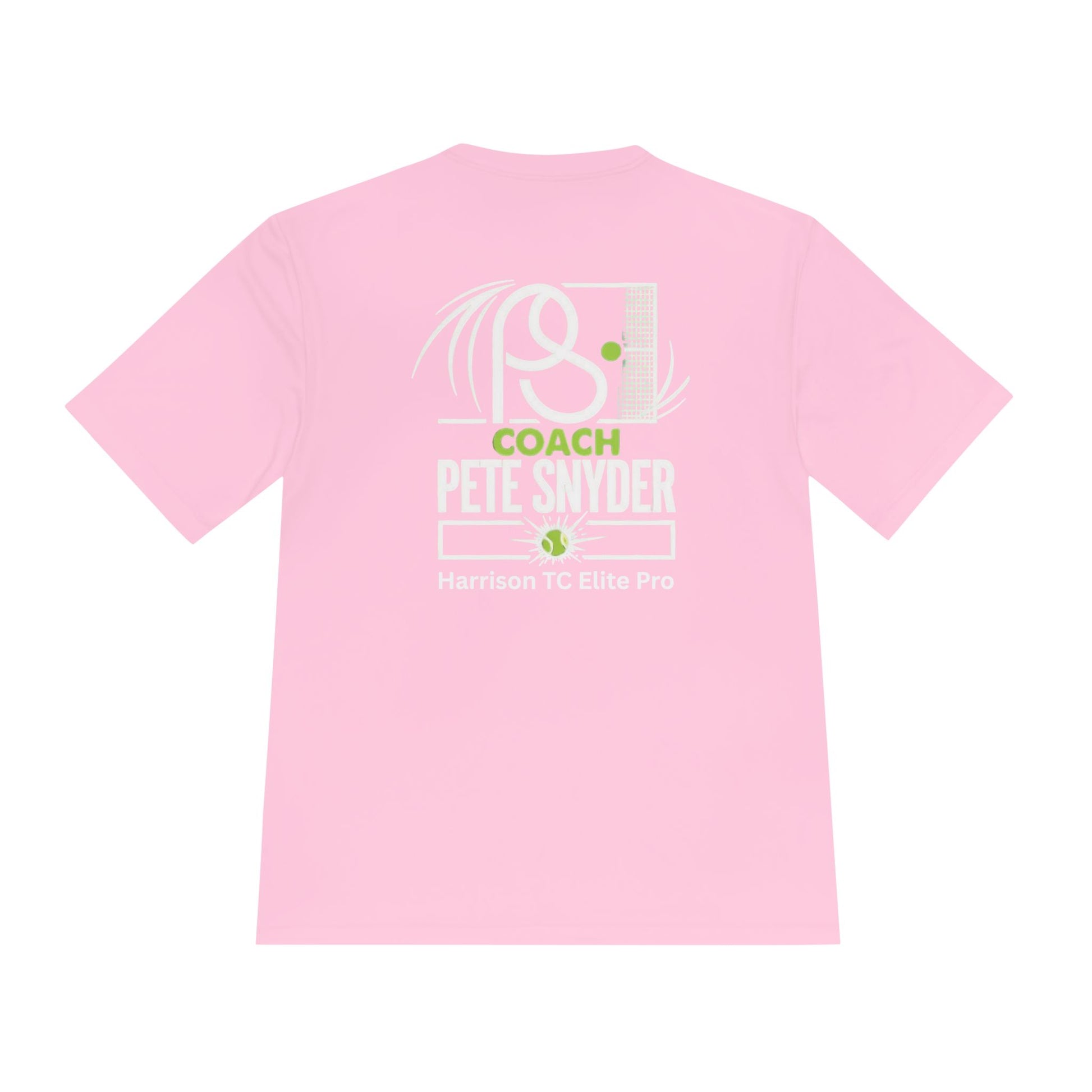 Back view of light pink tee showing bold white "COACH PETE SNYDER" print with racket graphic and green "Harrison TC Elite Pro" text