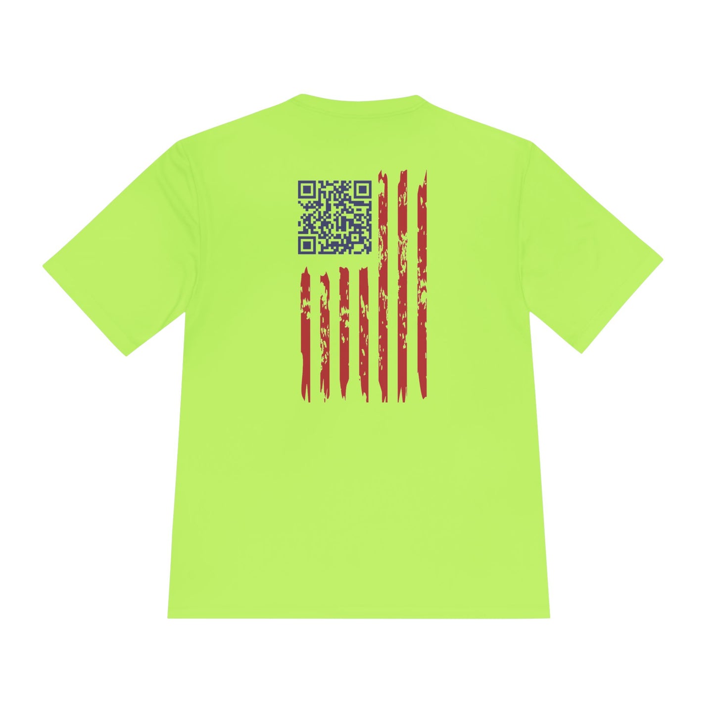 Neon green tee back with navy QR code beside tattered red-and-white flag graphic