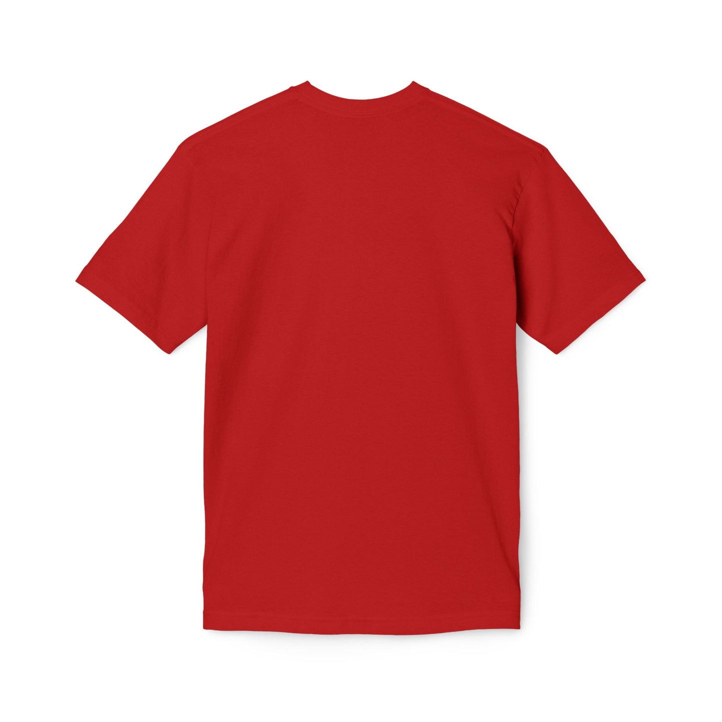 Back view of plain bright red short-sleeve tee, fiery blank slate
