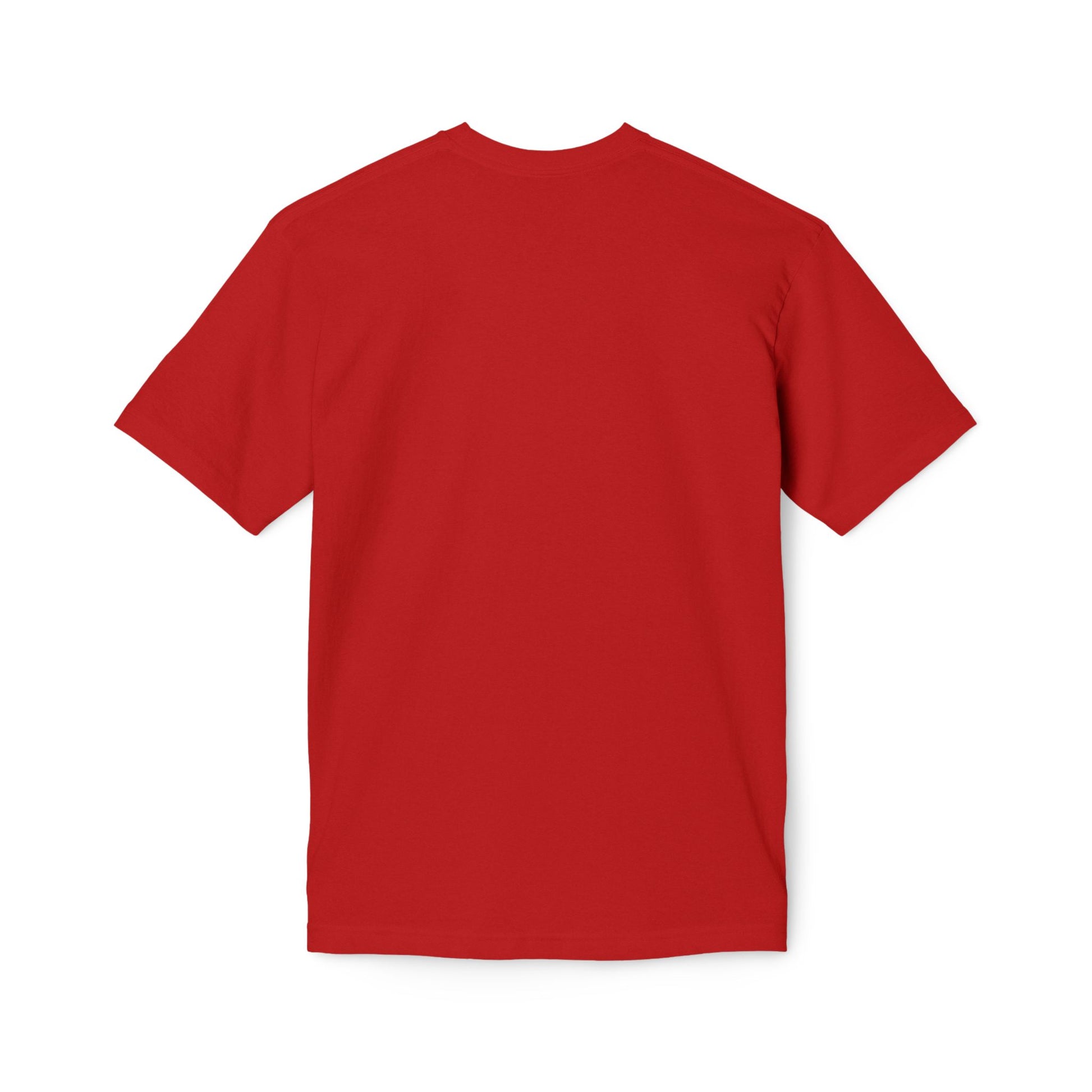 Back view of plain bright red short-sleeve tee, fiery blank slate
