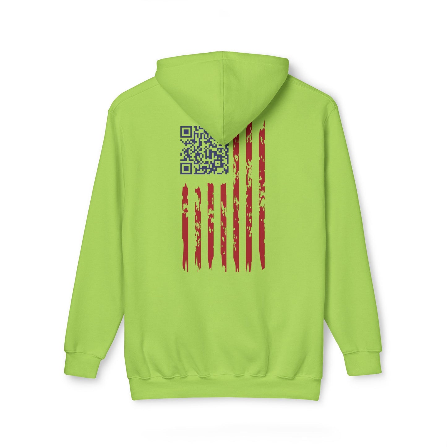 Back view of lime green "Daddy's Home" Trump hoodie with distressed American flag and QR code