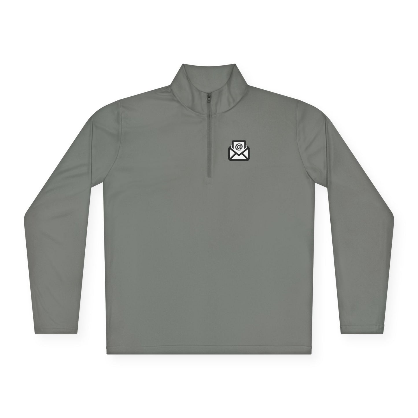 Front view of medium grey quarter-zip pullover, subtle white envelope logo on chest