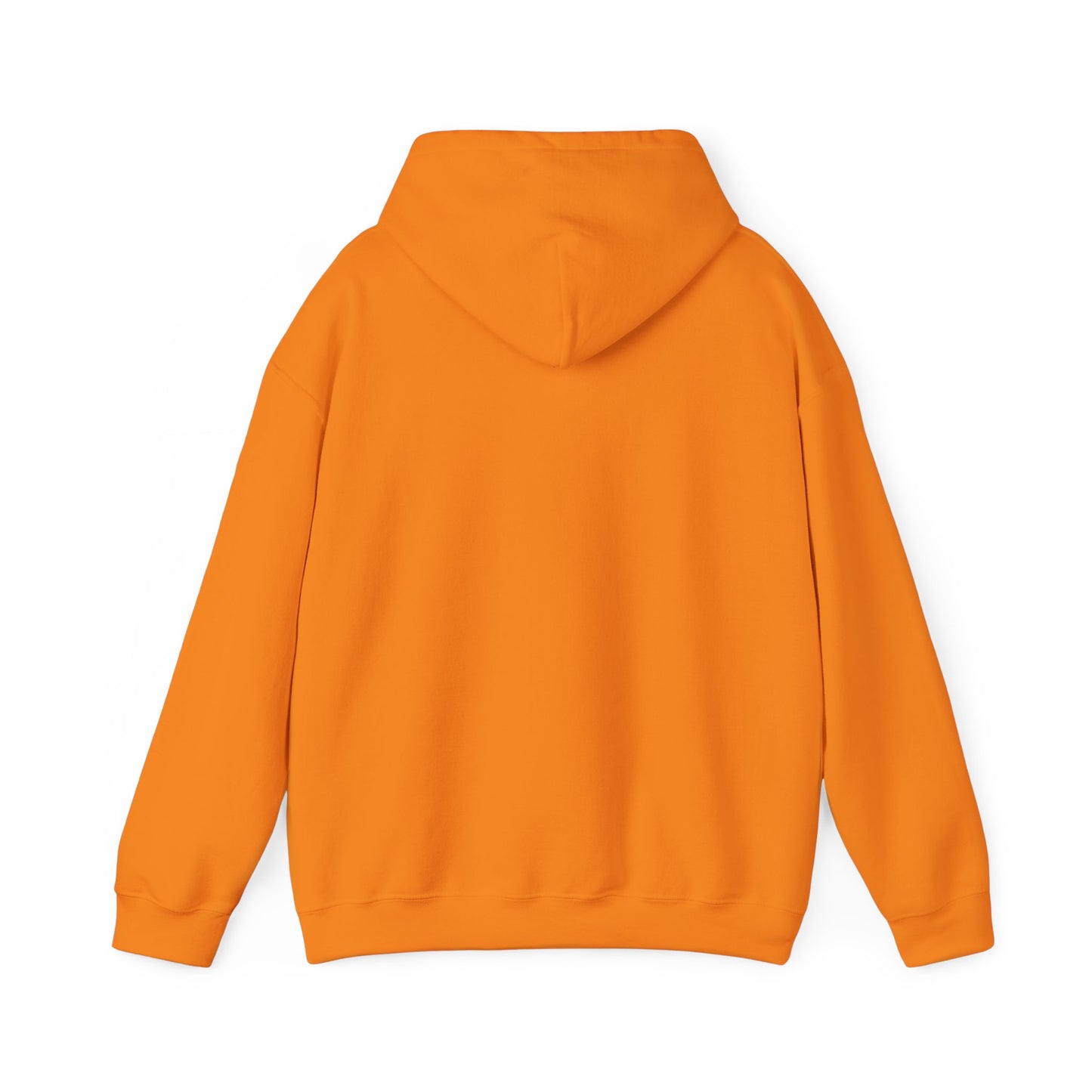 Back view of plain safety orange hoodie, classic fit hood up