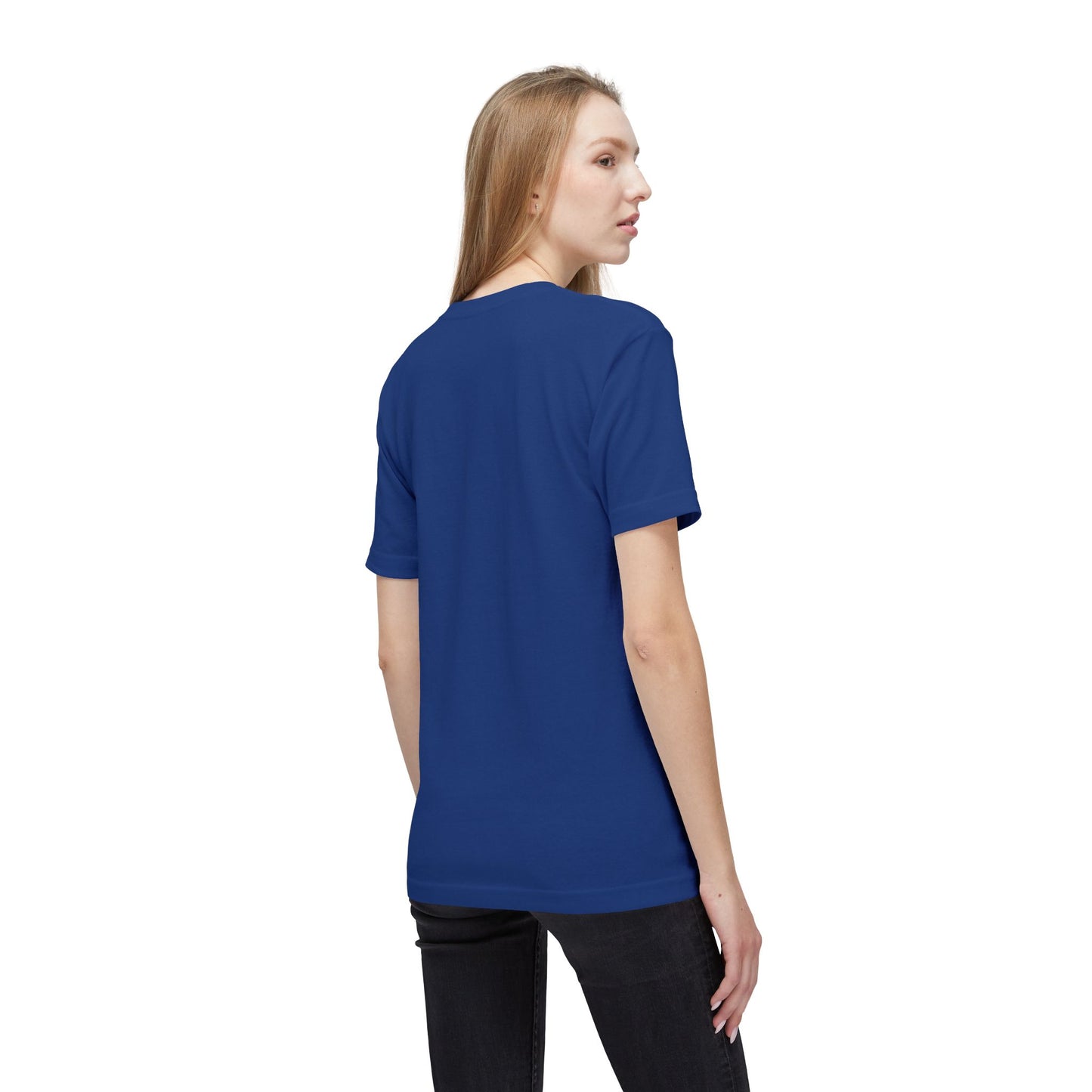 Side-back view of blonde model in plain navy blue unisex T-shirt and jeans