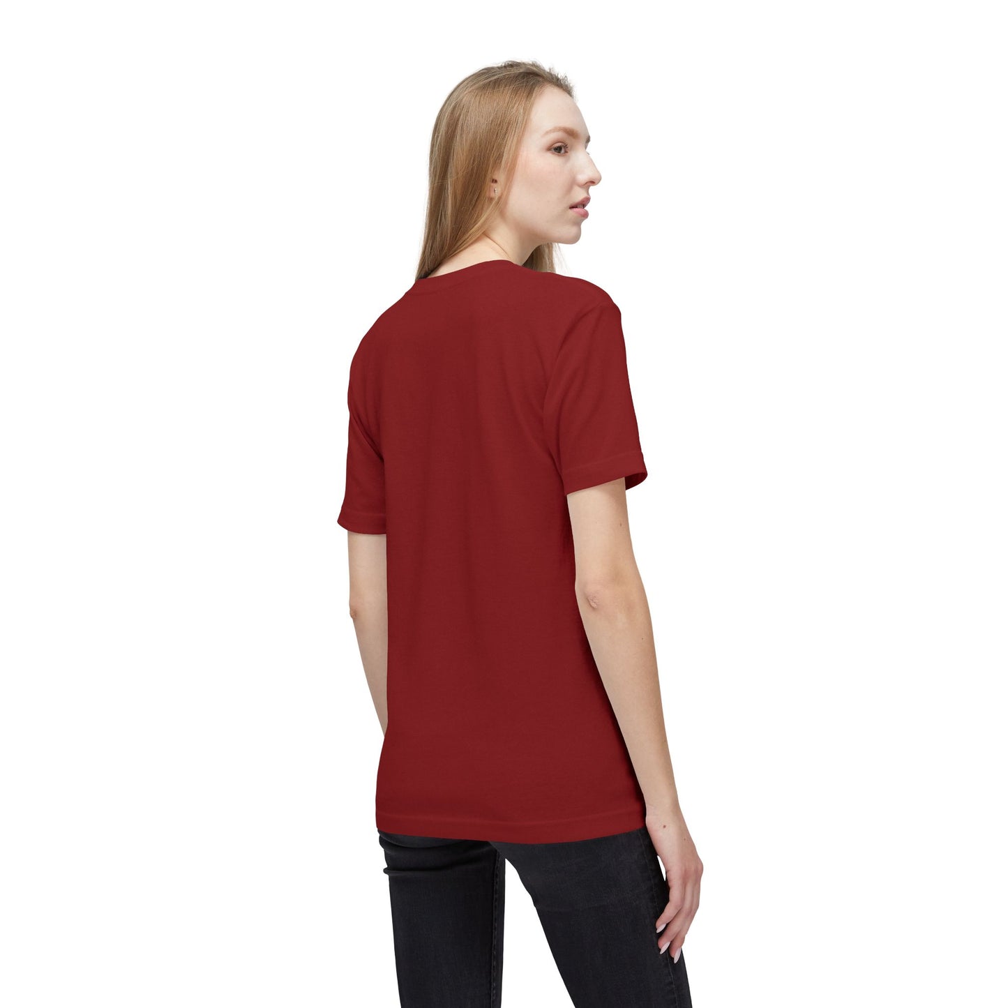 Back of maroon tee on model in jeans, plain plot twist partner