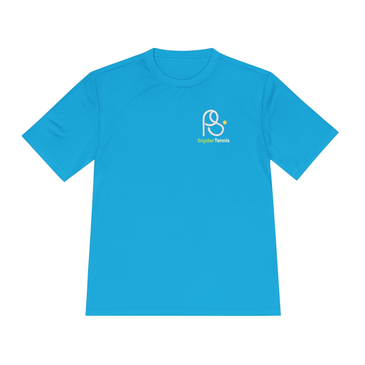 Flat front atomic blue Coach Pete Snyder tee, white stylized PS and Bryant Tennis logo
