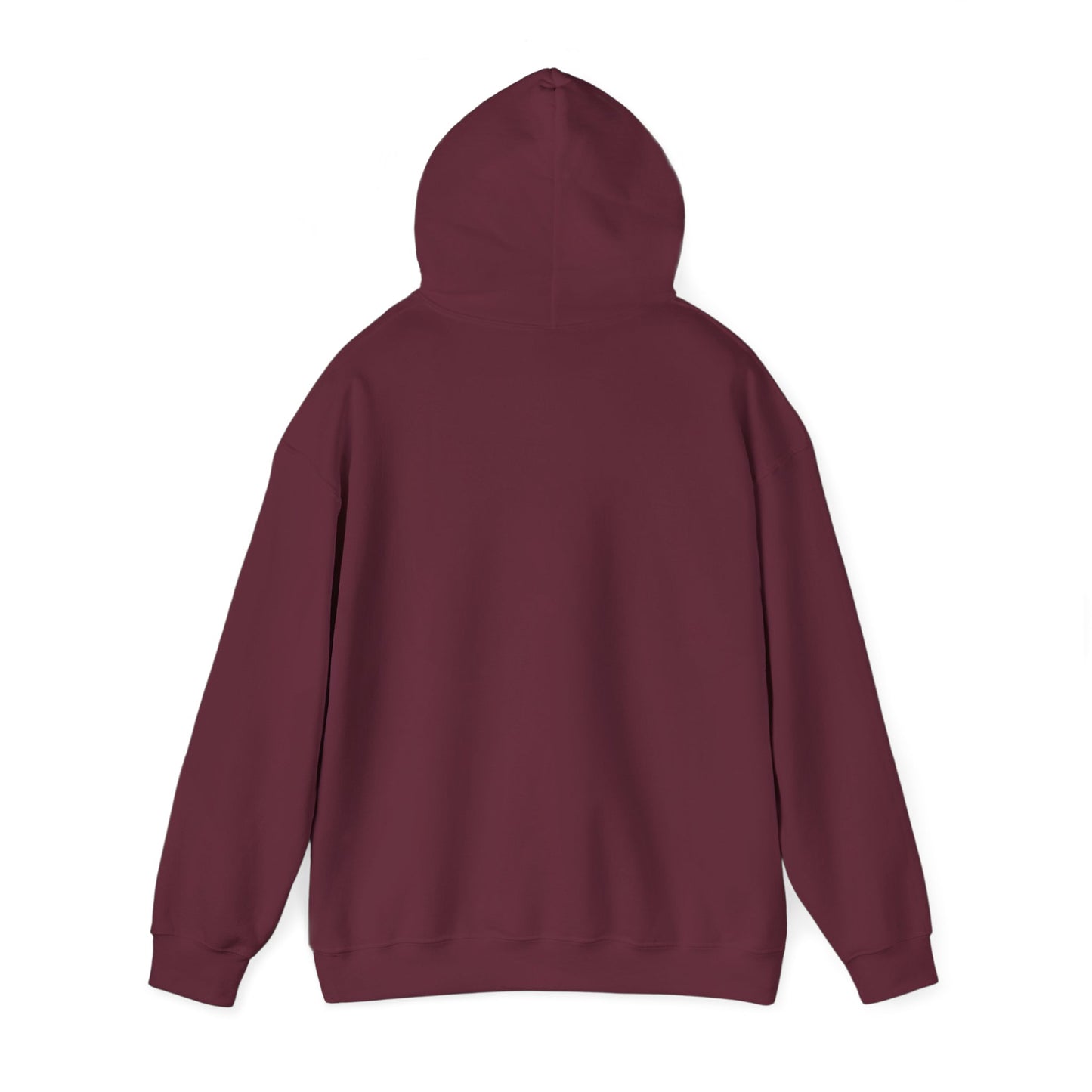 Plain back view of maroon pullover hoodie, hood down, classic fit for cozy deploys