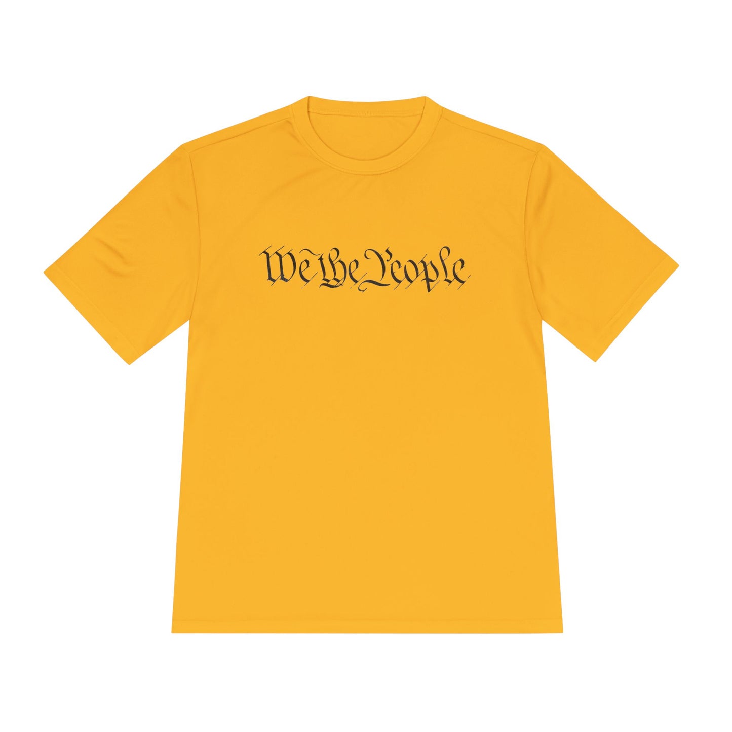 Front view of yellow moisture-wicking tee with black cursive "We the People" print hiding QR easter egg