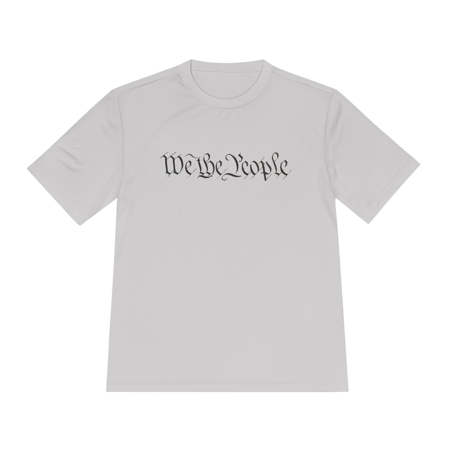 Front view of light gray moisture-wicking tee with black cursive "We the People" print hiding QR easter egg